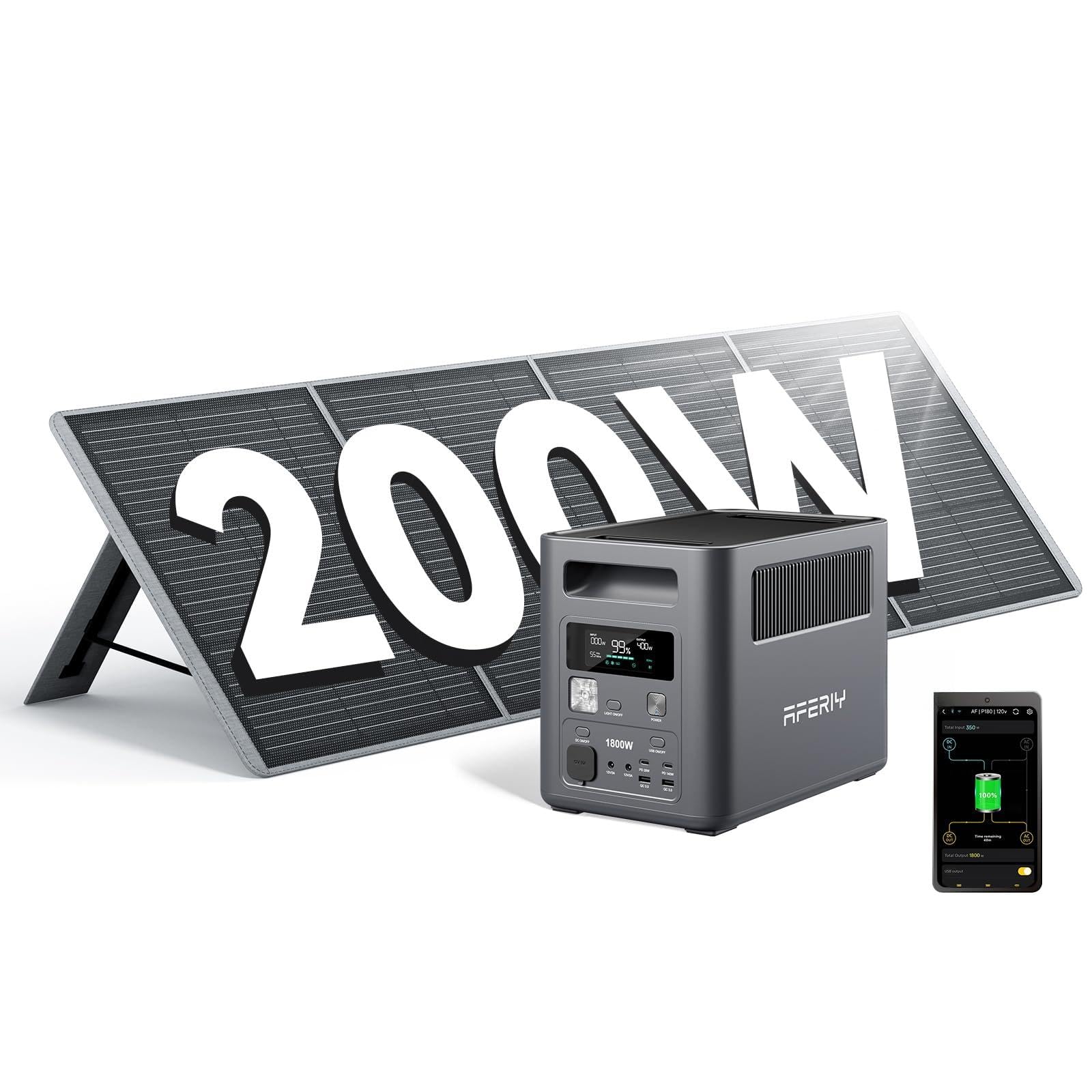 AFERIY 1800W Powerstation mit 200W Solarpanel, Solargenerator 1024Wh LiFePO4 & 1Std Schnellladung Solar Powerstation, <10ms USV, 9 Ausgänge, mit APP, BMS, Reine SW 230V, für Camping/RV/Garten/Notfall