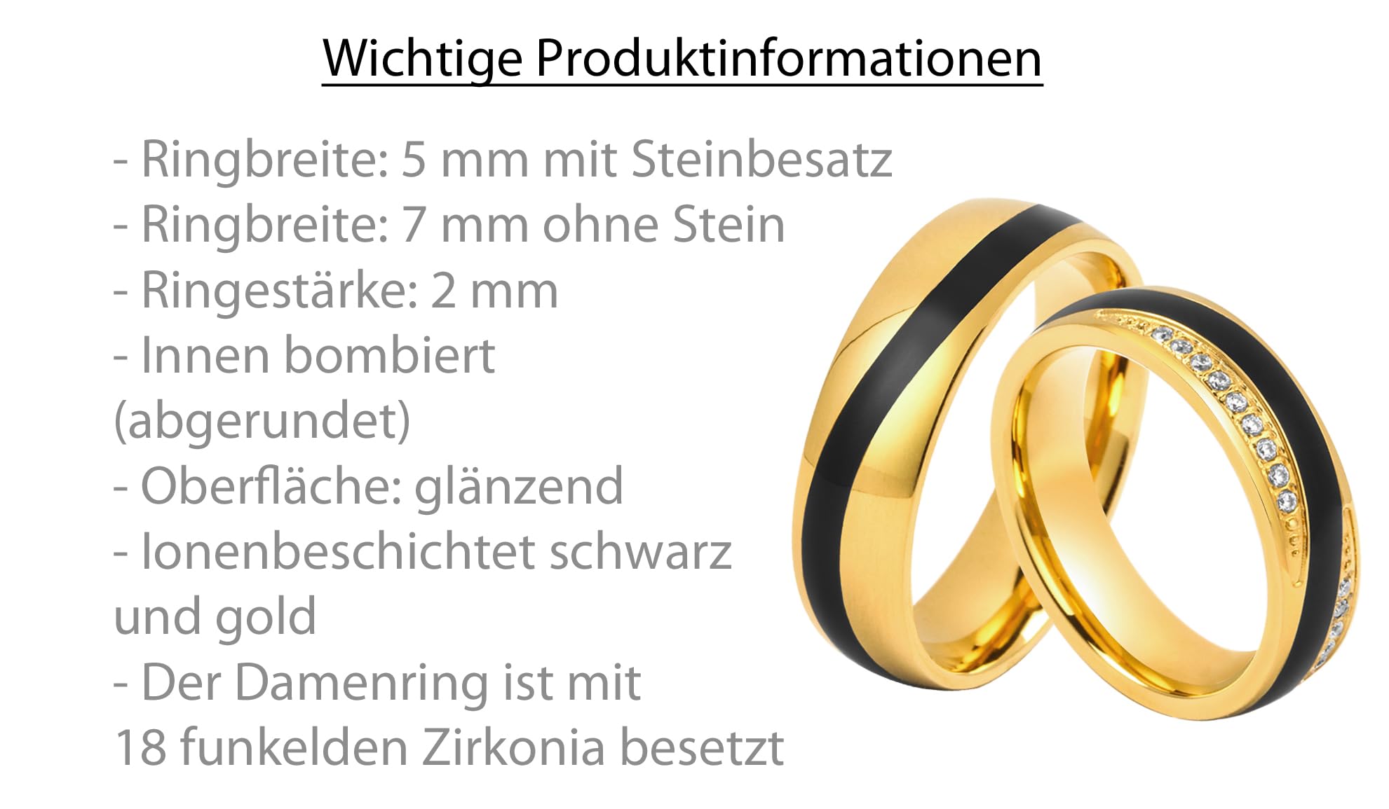 Paar Partnerringe & Eheringe aus Edelstahl mit Emaille Einlage – Ringpaar 5 mm / 7 mm mit Zirkonia & Wunschgravur - Trauringe Freundschaftsringe im Etui | 8016