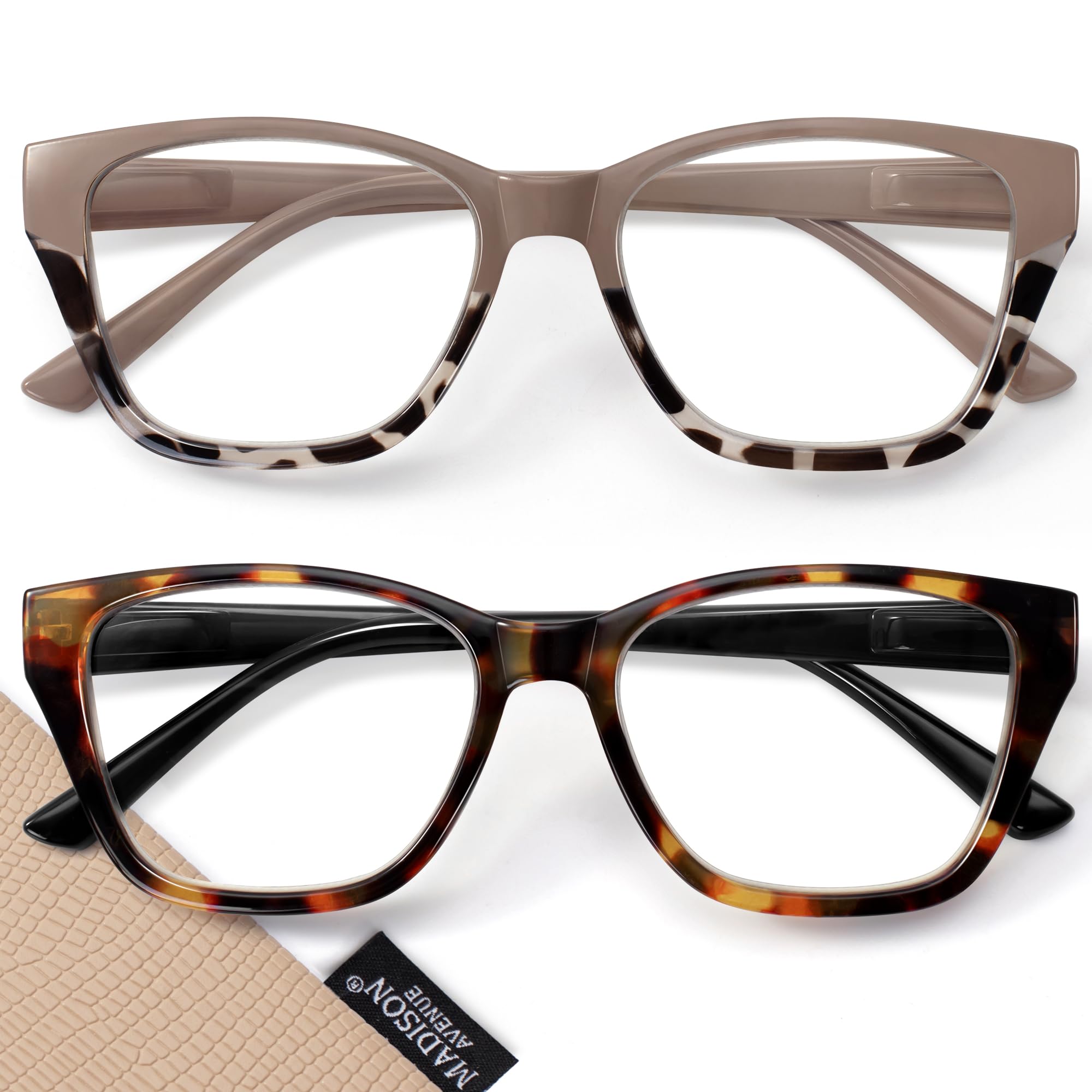 Madison Avenue 2 Pack Cateye Blue Light Blocking Reading Glasses for Women Spring Hinge Vintage Computer Readers Eyeglasses