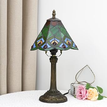Green Small Tiffany Lamp Stained Glass Table lamp Peacock Tail Bedroom Bedside Light for Living Room Dormitory Bar Retro Style Unique Cute funky Accent Decor Cottage 8 Village gift Nightstand Lamp