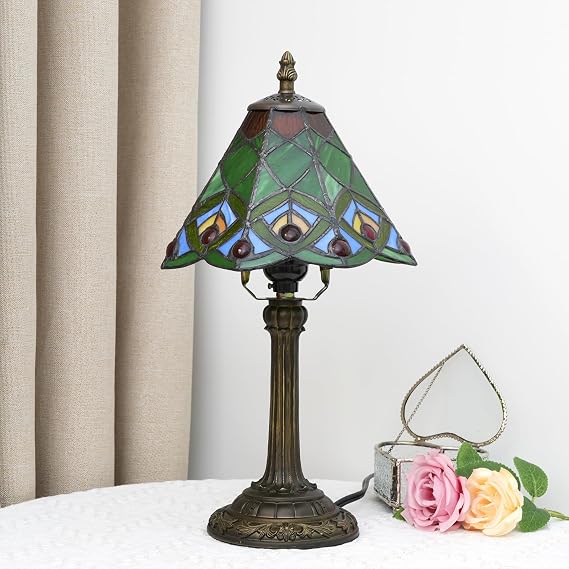 Green Small Tiffany Lamp Stained Glass Table lamp Peacock Tail Bedroom Bedside Light for Living Room Dormitory Bar Retro Style Unique Cute funky Accent Decor Cottage 8 Village gift Nightstand Lamp