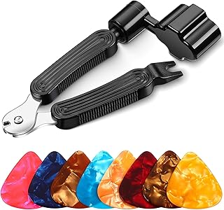 eBoot 3-in-1 Guitar String Winder Cutter and String Pin Puller Multifunctional Guitar Repair Tool with 8 Pieces Guitar Picks Including 0.46 mm, 0.71 mm, 0.96 mm, 1.2 mm