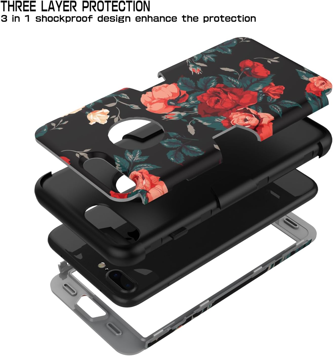 RabeMall Case for iPhone 7 Plus Three Layer Hybrid Shockproof Smooth Beautiful Fashion Color Rose Flowers Case for Girls/Women,Floral Black