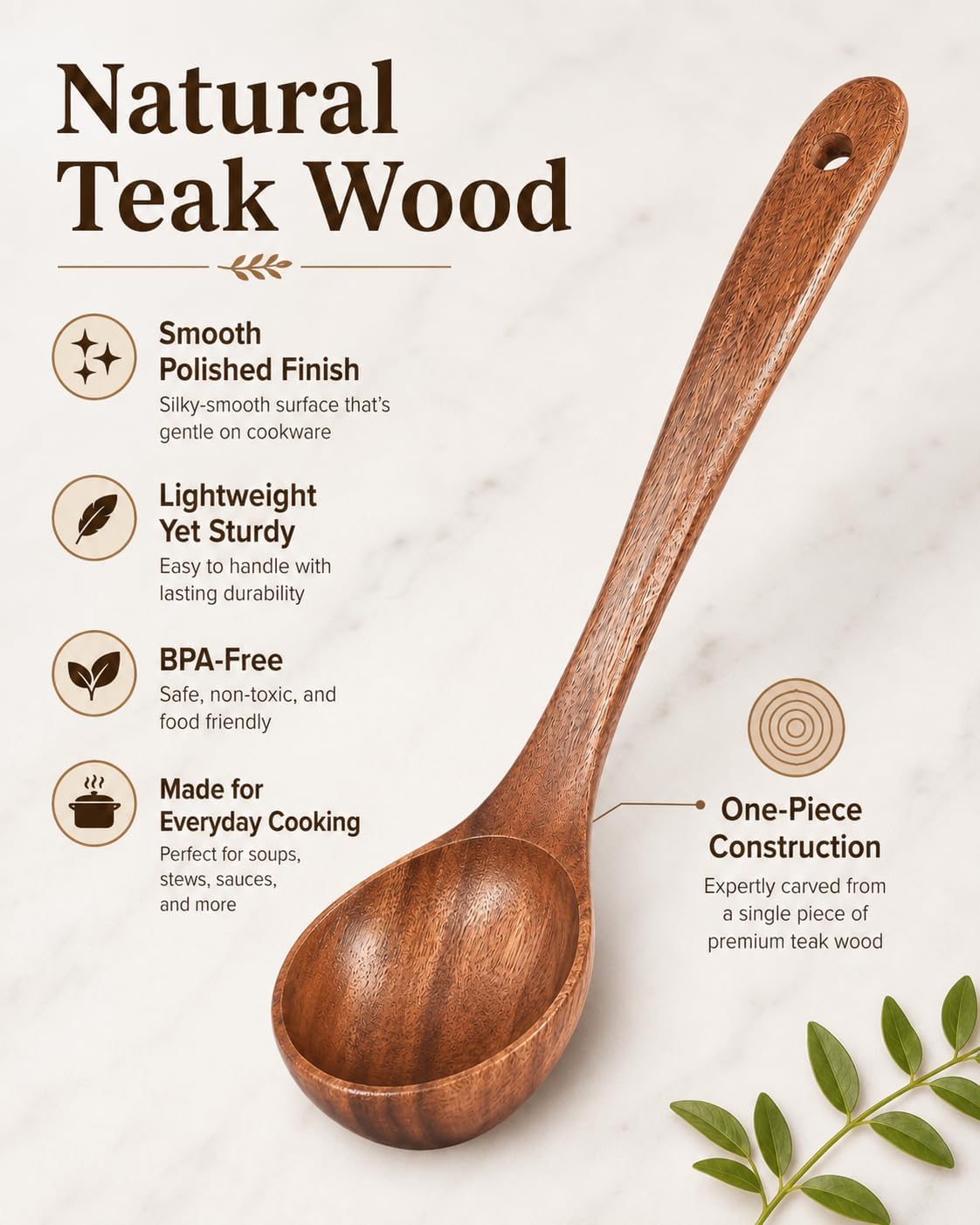 Wooden Soup Spoon, Natural Teak Wood Soup Ladle with Long Handle, Deep Scooper Serving Spoon for Soup, Gravy, Sauce, Porridge & Stew, No-Scratch Cooking Utensil for Nonstick Cookware, 10.6"