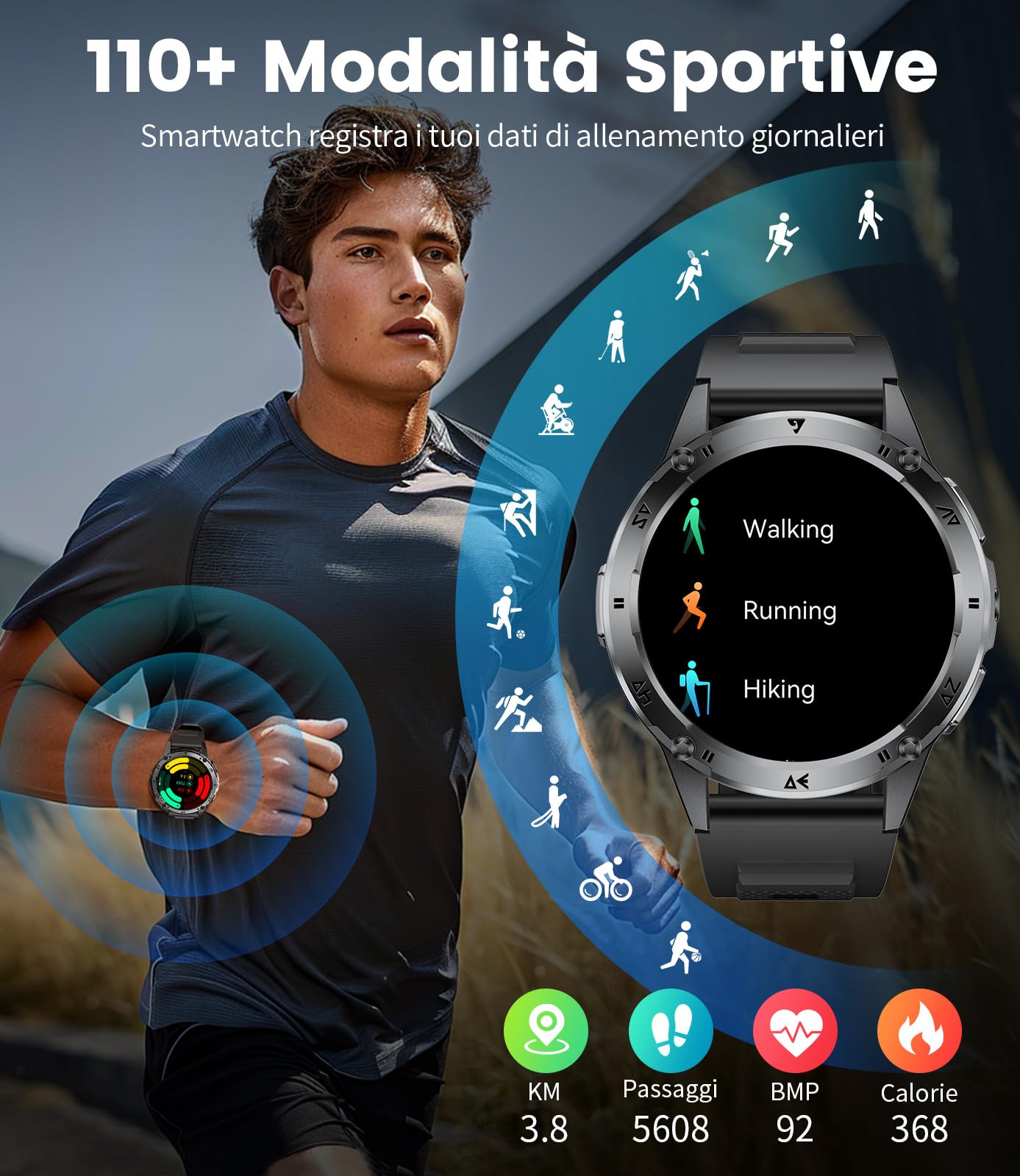 Smartwatch Uomo con Chiamate Bluetooth, Orologio Smartwatch Uomo 1.43'' HD AMOLED, Monitor Cardiofrequenzimetro, Sonno, SpO2, 110+ Sport, IP68 Impermeabile per Android iOS