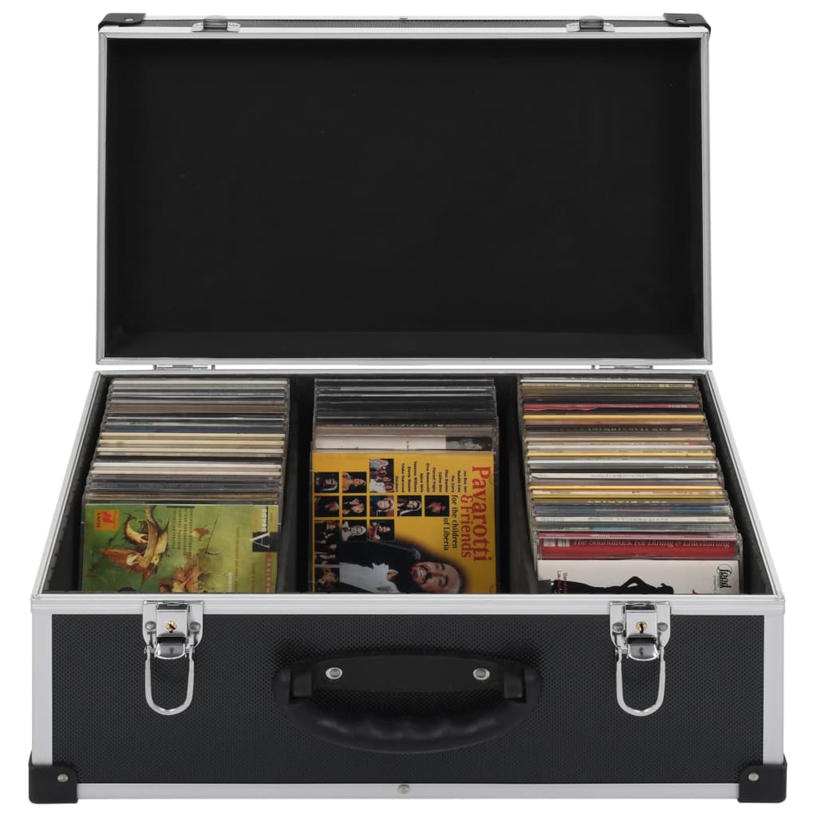 Custodia per CD, 60 Dischi, Chiusura a Chiave, Angoli rinforzati, Legno con Rivestimento ABS e Finiture in Alluminio, Nera, 43 x 29,5 x 18,5 cm for archiviazione Domestica e Ufficio
