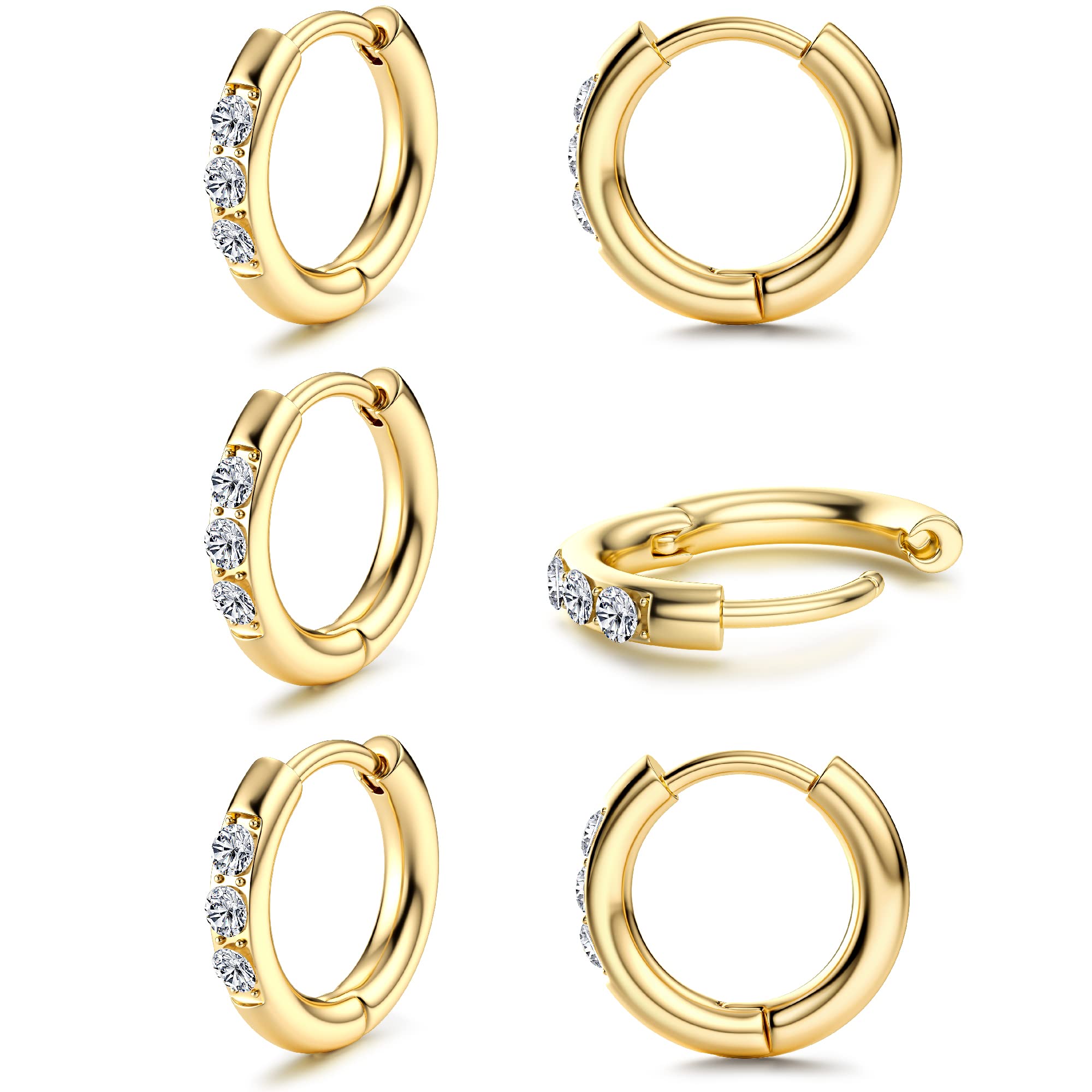 MILACOLATO 3Pares CZ Pendientes Aro Pequeños Para Mujer, Acero Inoxidable Huggie Lóbulo Cartílago Pendientes, Aretes De Aro Con Bisagras De Oro Plata Piercing Oreja Joyería De 8mm 10mm 12mm