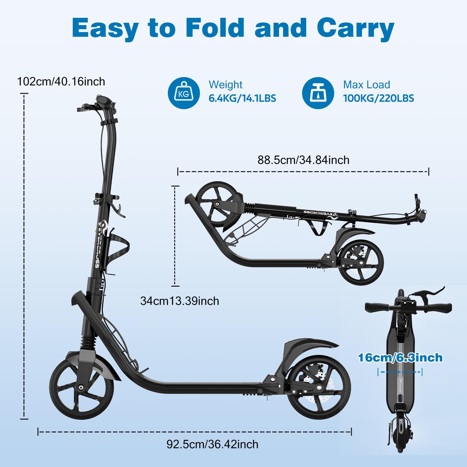 EVERCROSS K8 Stunt Scooter, Grandes Ruedas 200 mm, City Patinete Ajustable en Altura y Plegable, Deportivos Scooter de Aluminio Estable para Niños, hasta 100 kg, Doble Freno, Doble Amortiguación