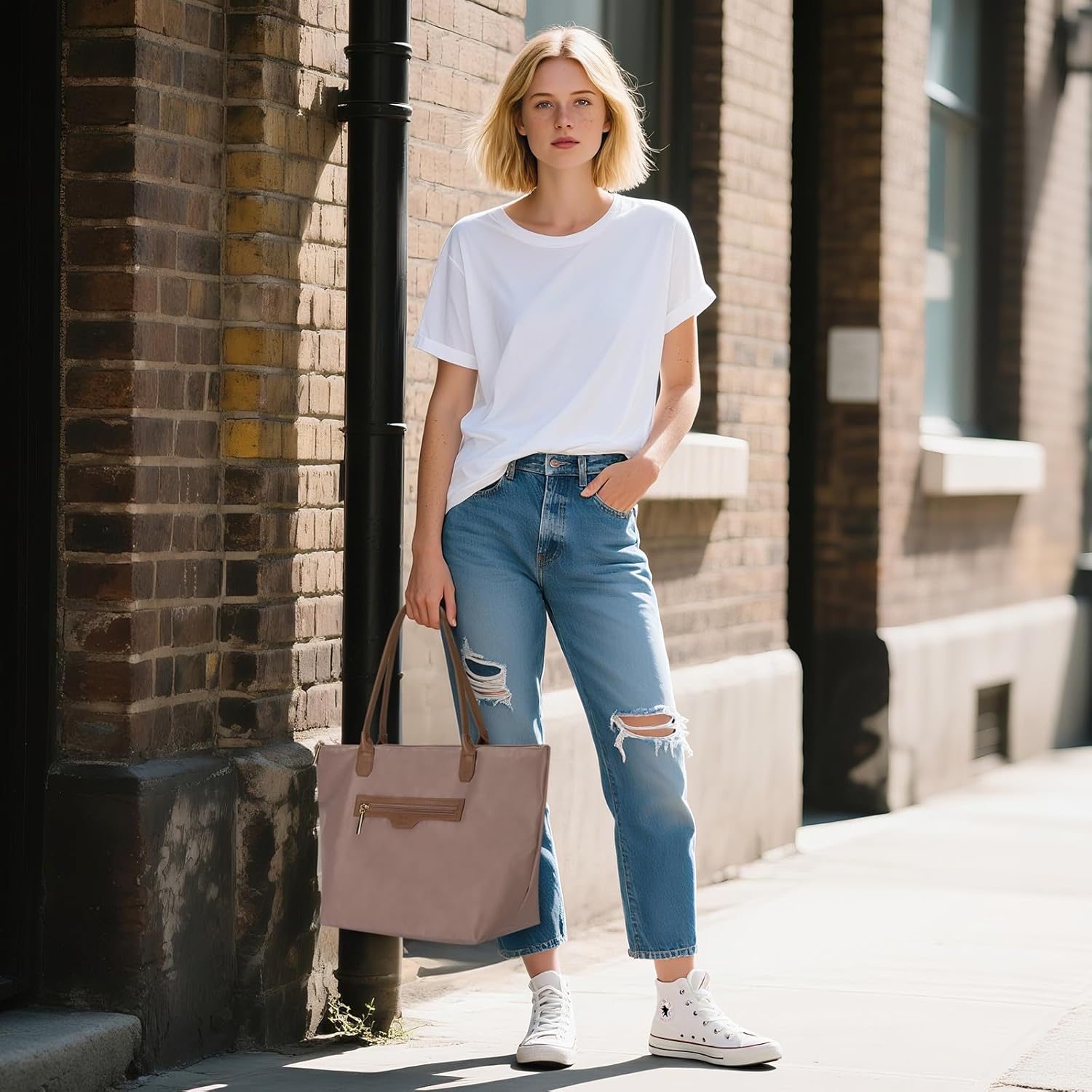 Nylon Tote Bag for Women with Zipper, Lightweight Large Laptop Shoulder Handbag, Spacious Gym, Travel and Shopping Purse