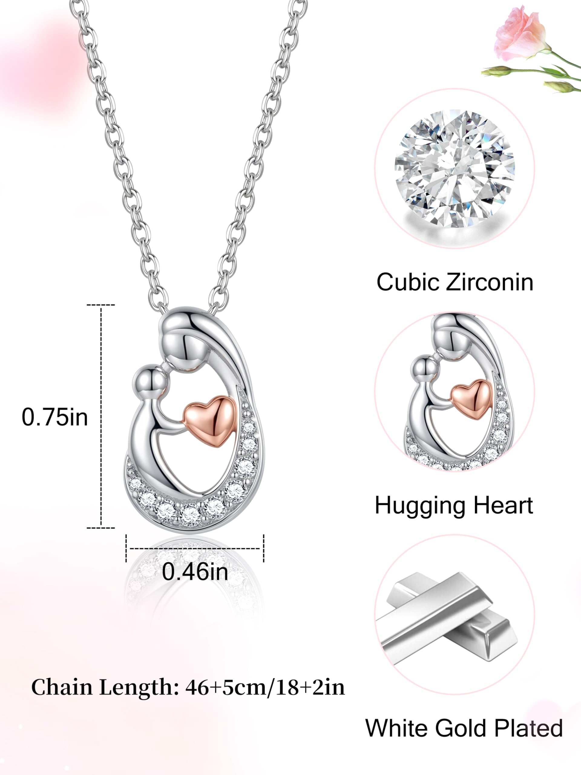 Sereney First Mothers Day Gifts for New Mom Necklace, New Mom Gifts as 1st Mothers Day Necklace for Women, White Gold Plated Hugging Heart Pendant as Hypoallergenic Mother Jewelry for New Mommy