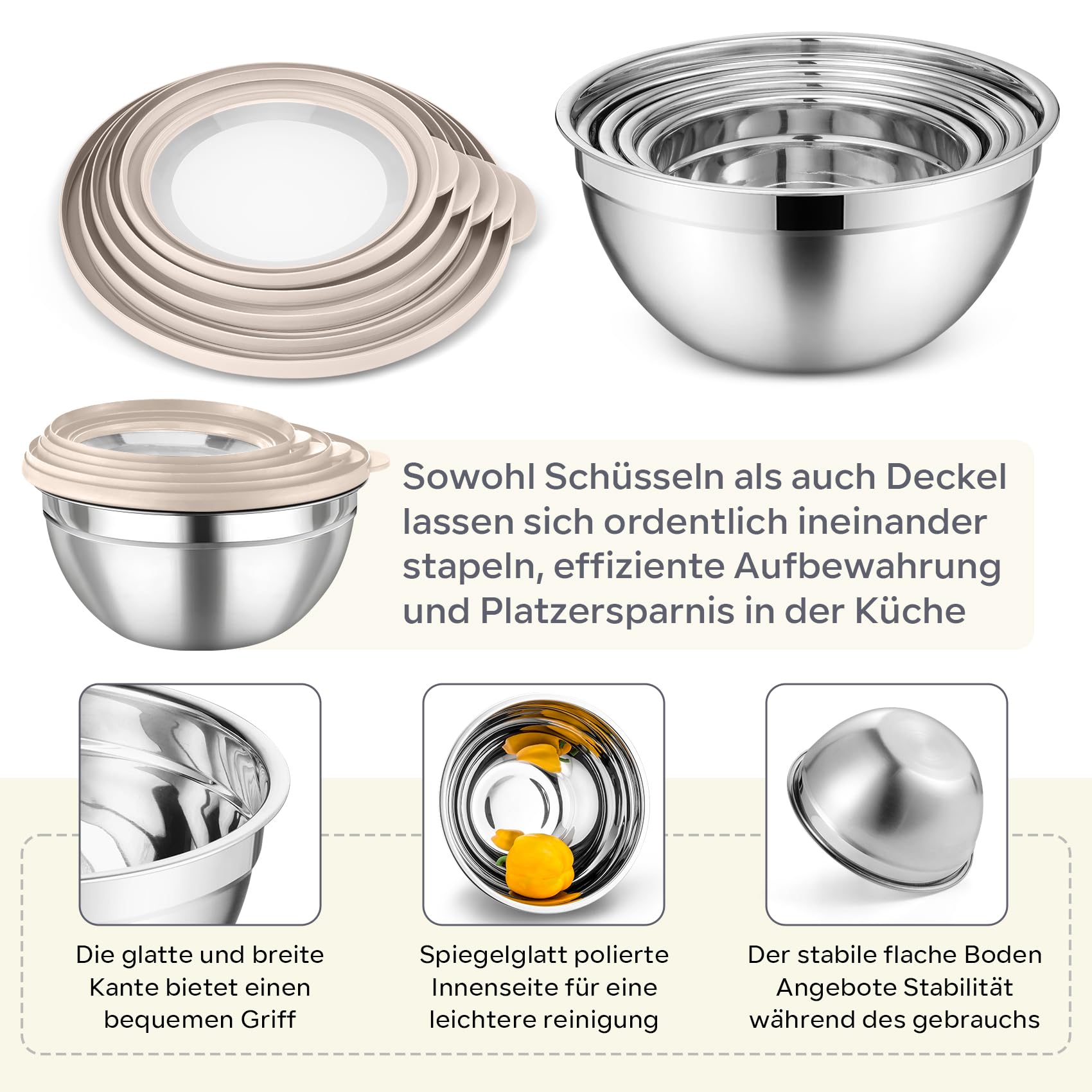 Onader Zestaw 5 misek do mieszania, miska do sałaty ze stali nierdzewnej z pokrywką i 3 nakładkami do tarcia, metalowa miska do serwowania do kuchni, mieszanie, pieczenie, 4,5 l/3 l/1,5 l/1,2 l/0,7 l