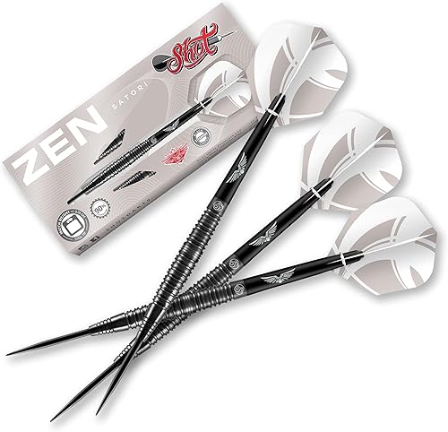 Shot! Darts Zen Satori - Juego de puntas de acero para lanzar dardos profesionales de 90 % tungsteno, fabricado en Nueva Zelanda - Vuelos de dardos