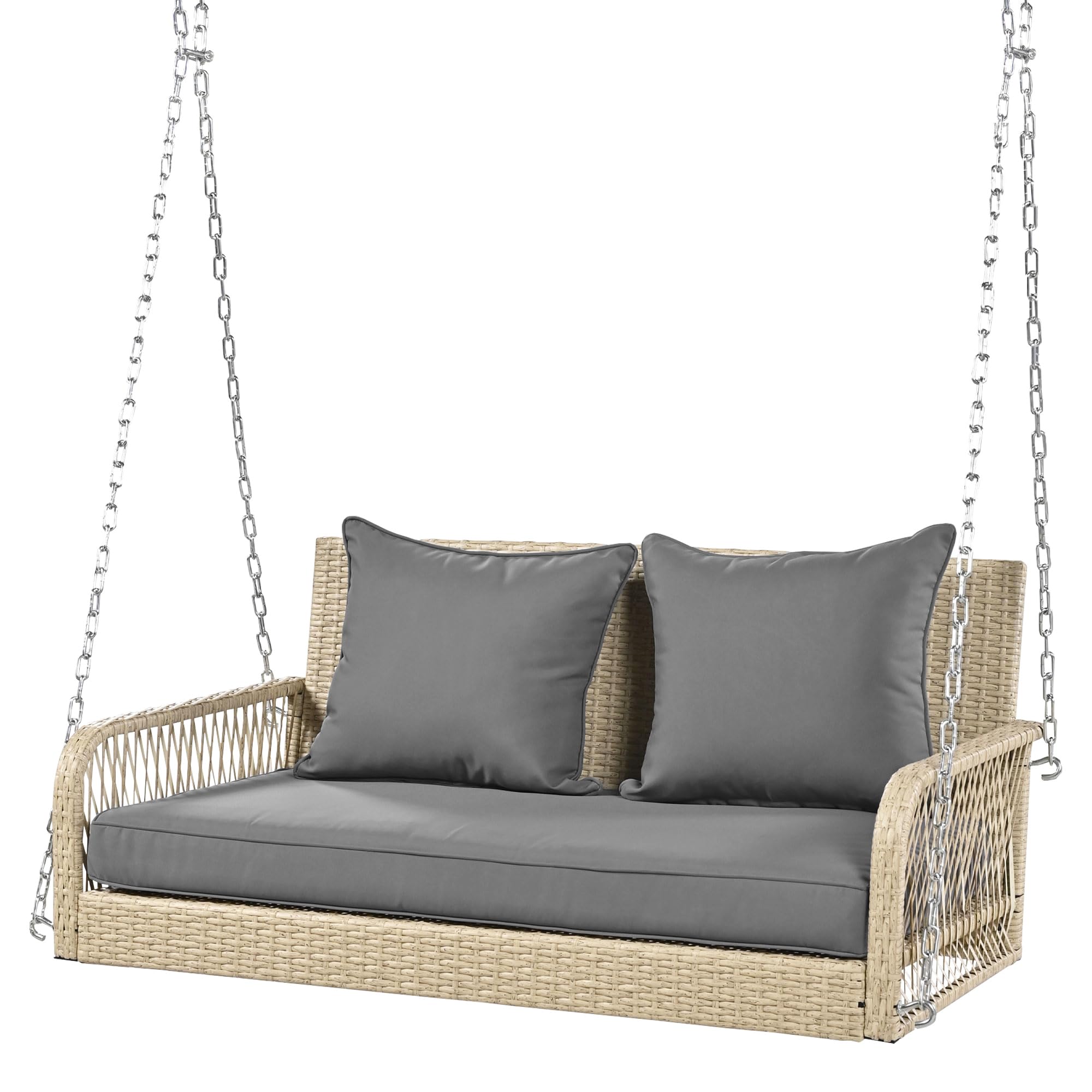 Columpio de jardín, columpio de jardín, juego de muebles de jardín para exteriores, ratán beige, cojín de asiento gris, 2 asientos, con cojín de asiento y cojín de respaldo, extraíble y