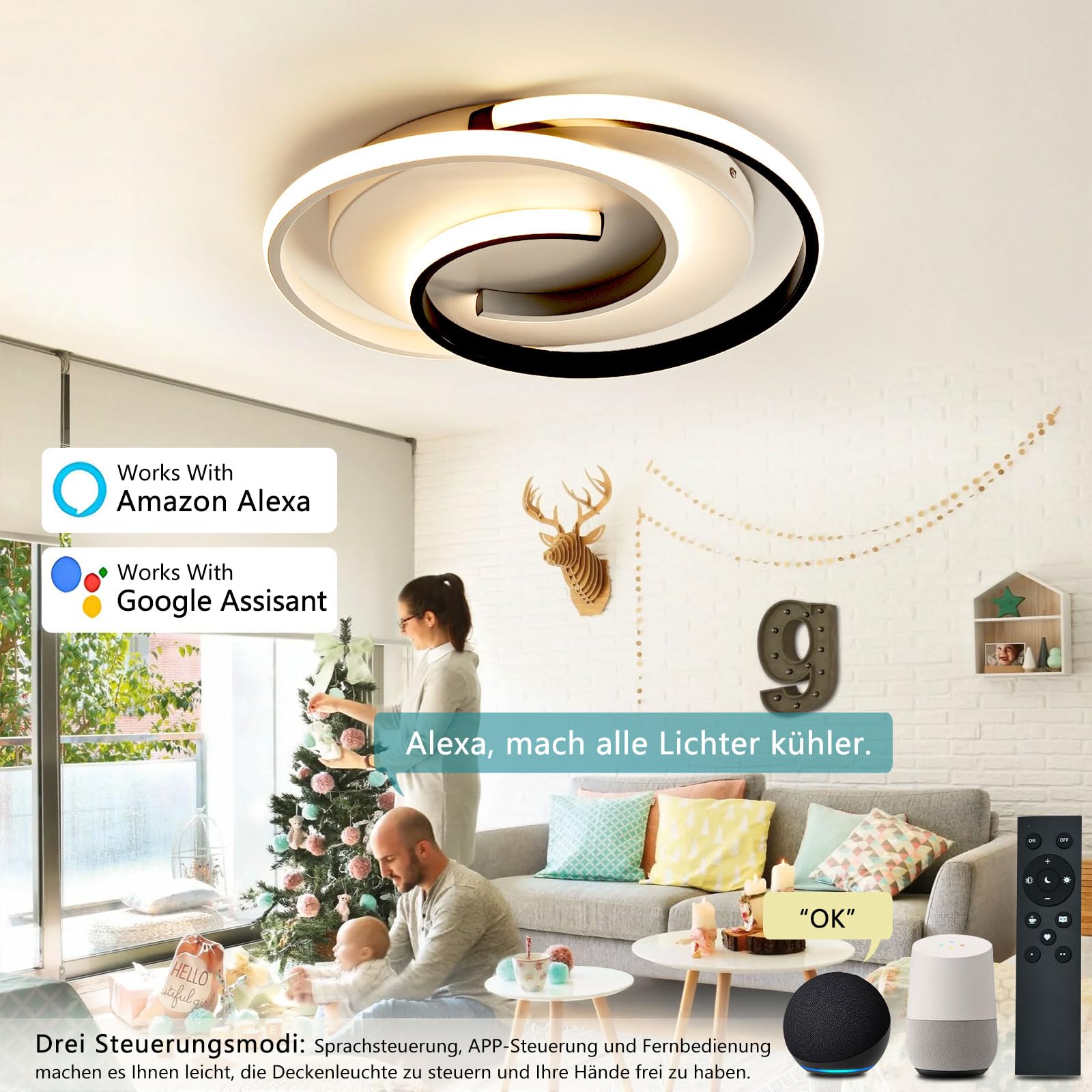 BAYHT Plafoniera intelligente, Lampada da soffitto moderna a LED dimmerabile con Alexa Google Home, Lampada da soggiorno rotonda con telecomando, Lampada da camera da letto bianca e nera