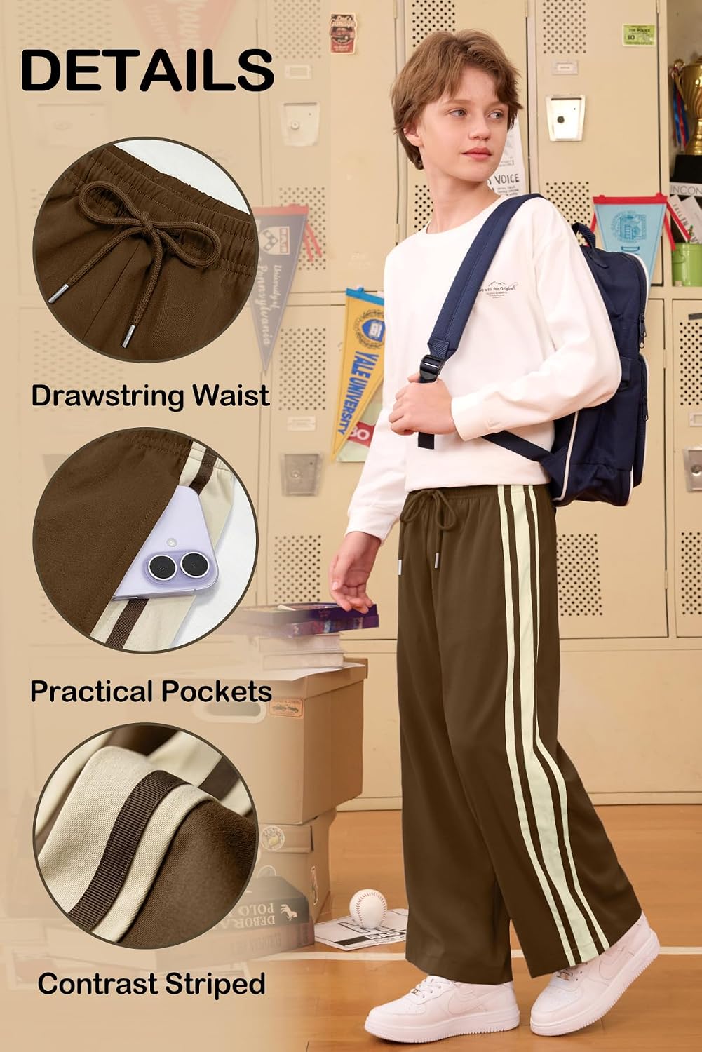 Boys Baggy Striped Track Pants Athletic Streetwear Wide Leg Pants