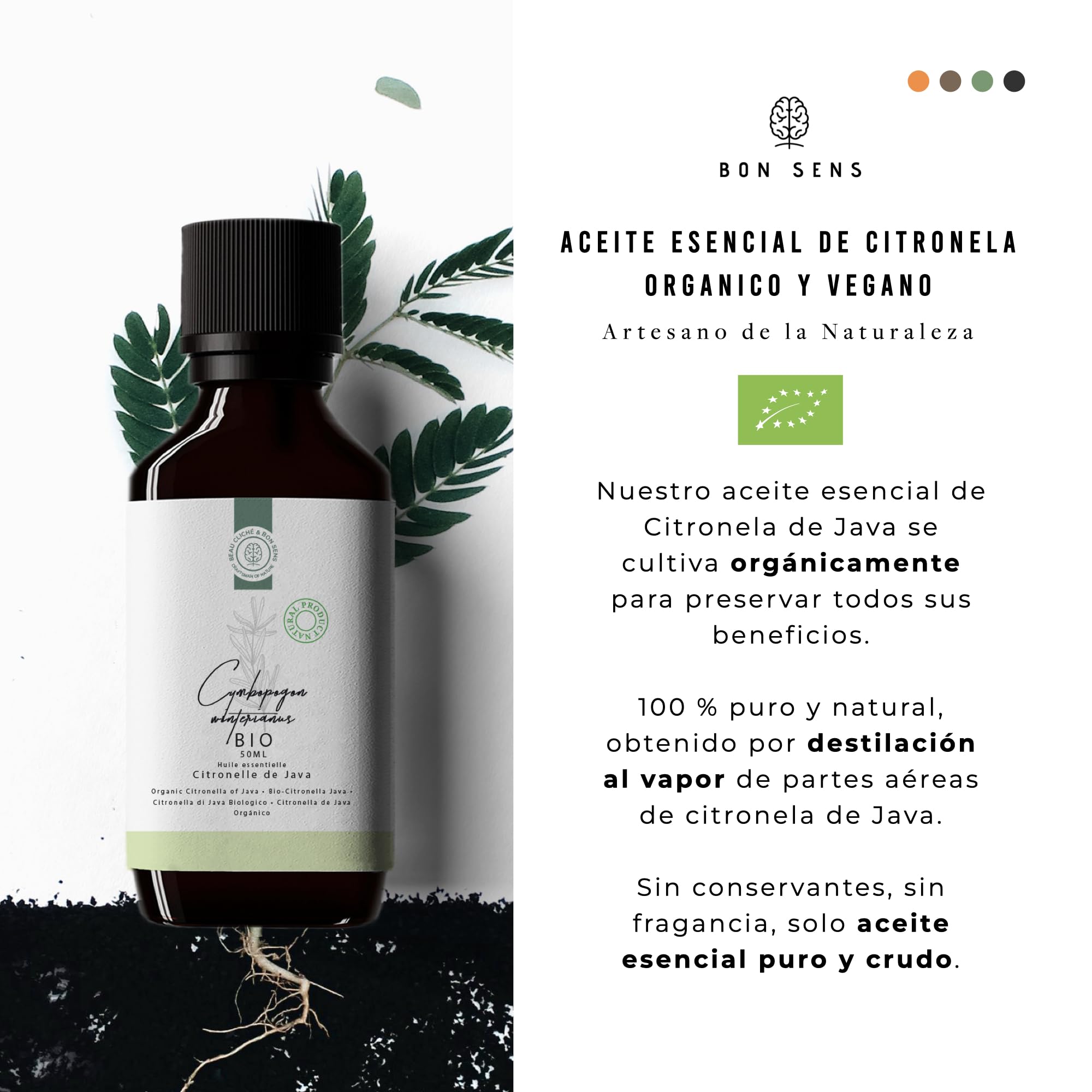 50ml Aceite esencial de Citronela (Lemongrass) BIO - 100% Puro y Orgánico - Ideal para Difusor, Fabricación DIY de Jabones, Velas, Ceras Aromáticas, Spray - Repelente Natural Antimosquitos