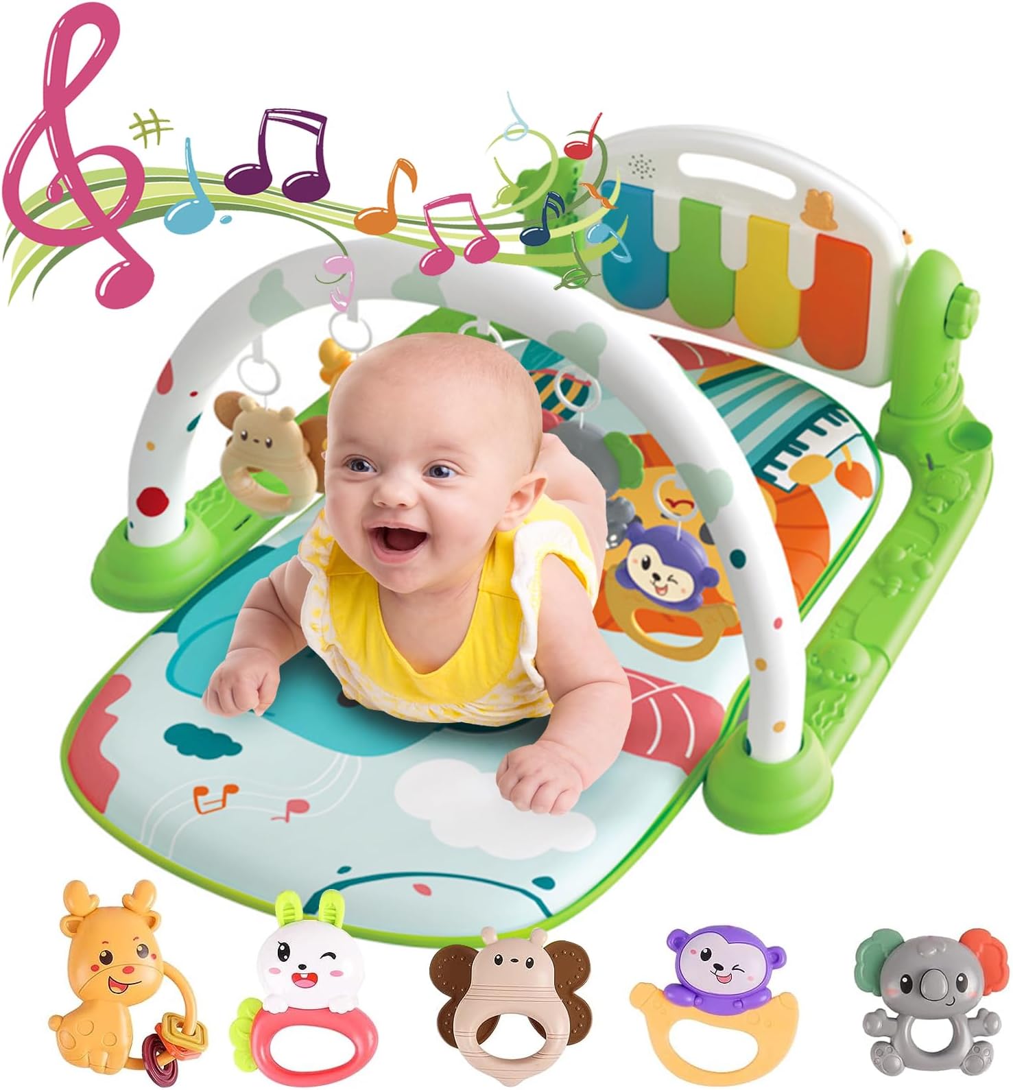 FOCLTD Baby Gyms Play Mats,Baby Piano Gym Mat with Music,Detachable Baby Play Gym Mat,Baby Tummy Activity Mat for Newborn Toddler Infants (Green)