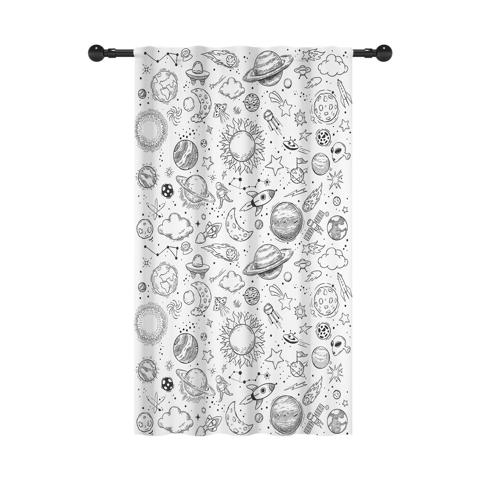 YONGFOTO 107x160cm Espacio Exterior Cortinas con Bolsillo para Barra Garabato Universo Planetas Cohetes Filtración de luz Pestaña Trasera Cortinas para Dormitorio de niño Habitación