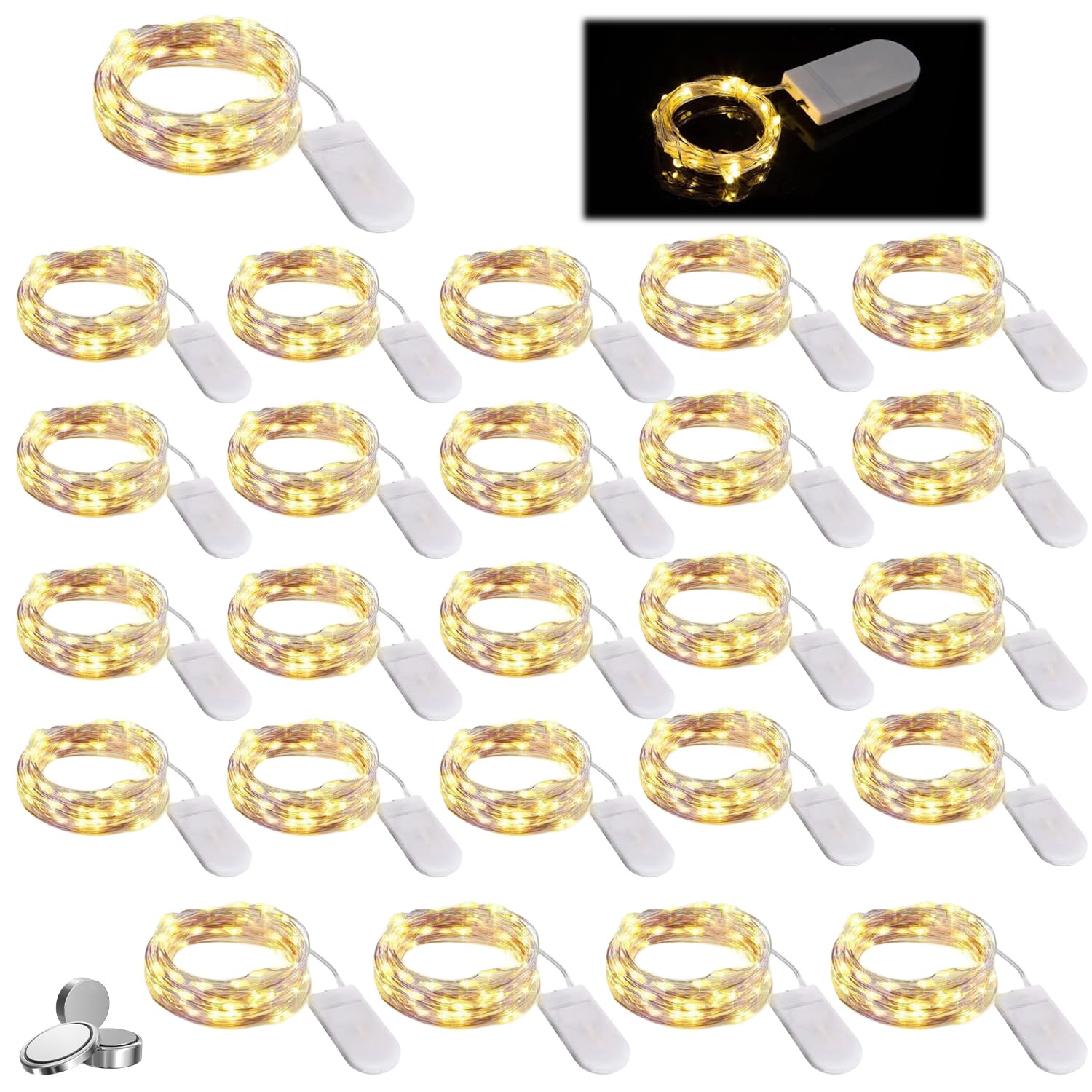 Nizirioo Cadena de Luces con Pilas 25 Piezas 1M Led Luces Impermeable, Luces de Cadena Micro, LEDs Plata Alambre Guirnalda Luces, Guirnalda Luces para Navidad oda, Fiesta de Navidad(Blanco Cálido)