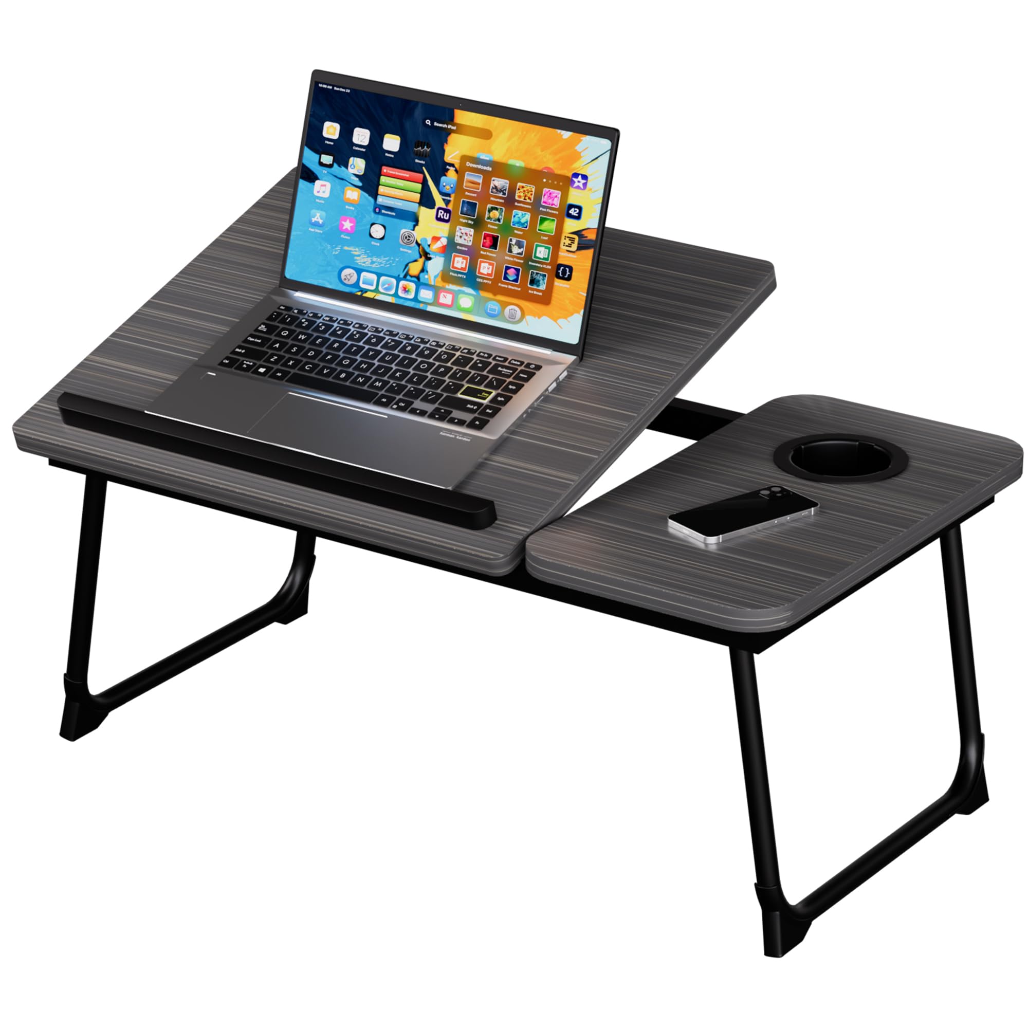 Laptop Bed Table, Laptop Bed Desk with Foldable Legs & Cup Slot, Adjustable Trays, Reading Book Holder Notebook Stand Laptop Tray for Bed, Sofa,Terrace,Carpet, Black
