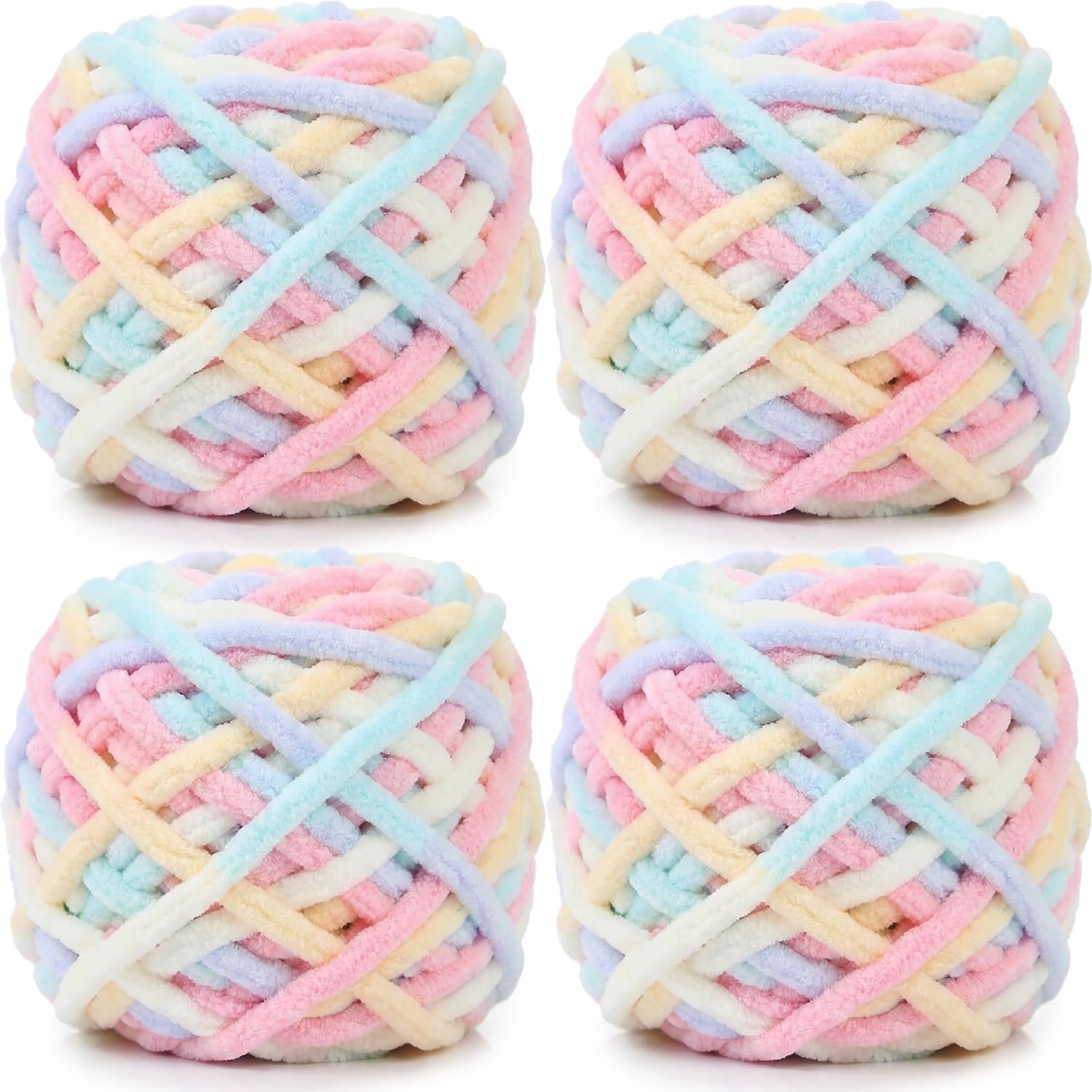 Lighterday Super Chunky Knit Chenille Yarn 4 x 100g Multi-Colored Crochet Wool for Hand Knitting Blankets,Knitting Wool for Big Blankets Sock and Scarves (Macaron)