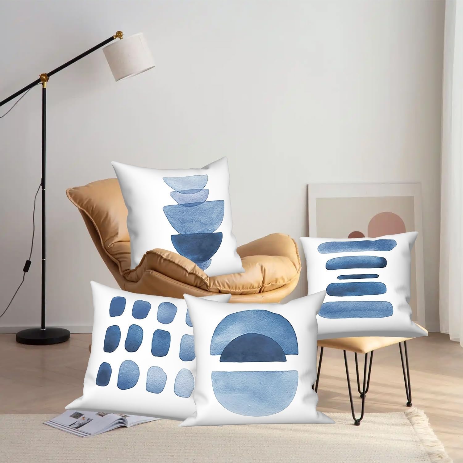 4 Pcs/Set White Abstract Throw Pillow Covers with Blue Geometric Patterns Invisible Zipper Square Cushion Cases for Chairs Couch Balcony Bedroom Home Outdoor 20"x20"
