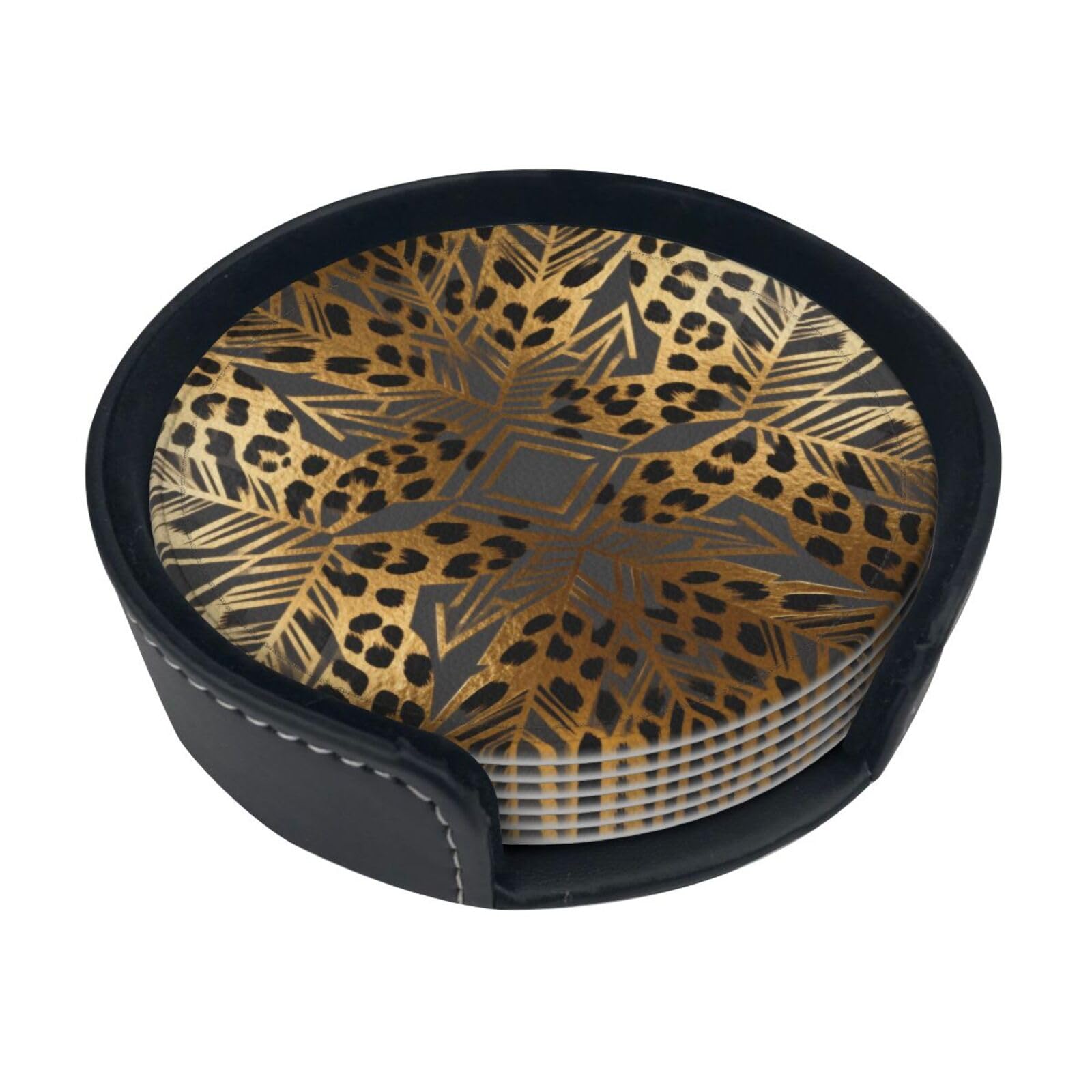 Golden Feathers Leather Coasters-Set of 6 with Storage Holder