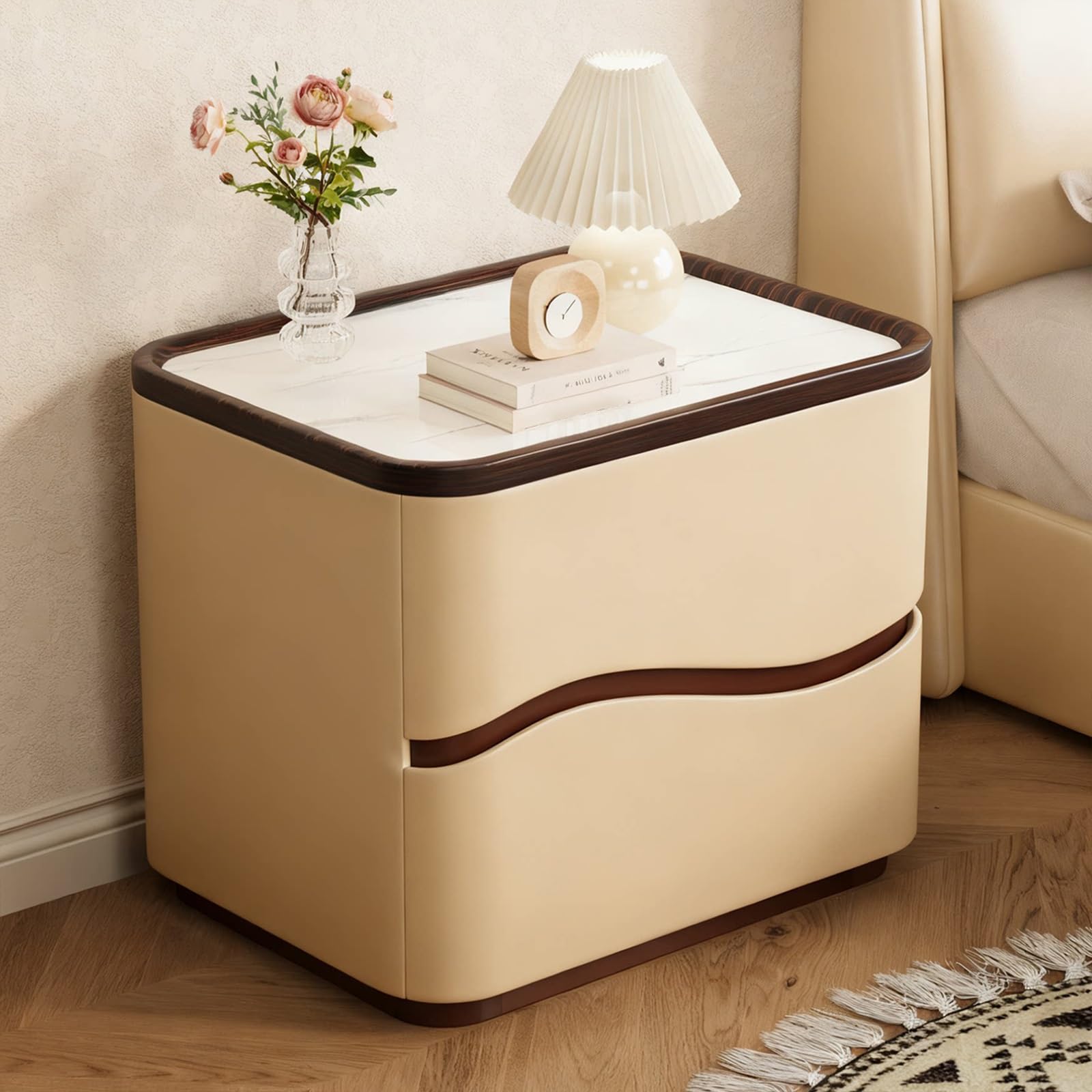 SXZenSpace Bedside Table with 2 Drawer, Solid Wood Nightstand Slab Tabletop Modern Night Stand Wooden Furniture for Bedroom(Beige,40x40x50cm)