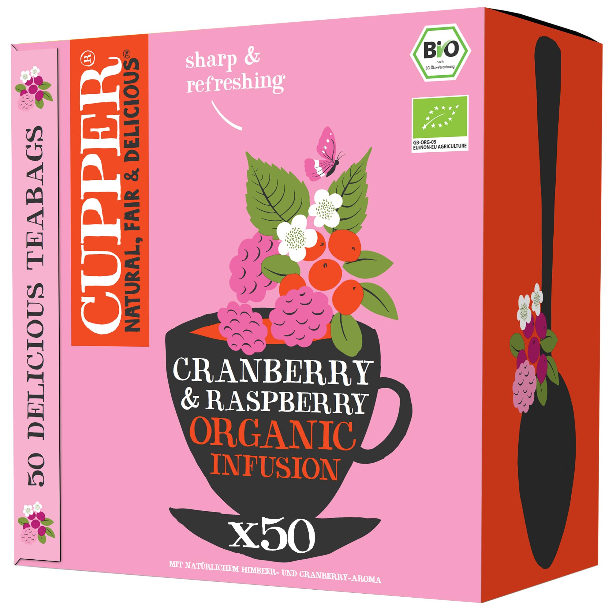 Cupper Bio Tee Vorratspackung Cranberry and Raspberry, Früchtetee, 50 ungebleichte plastikfreie Teebeutel I Big Pack I Perfekt fürs Büro I fair gehandelt