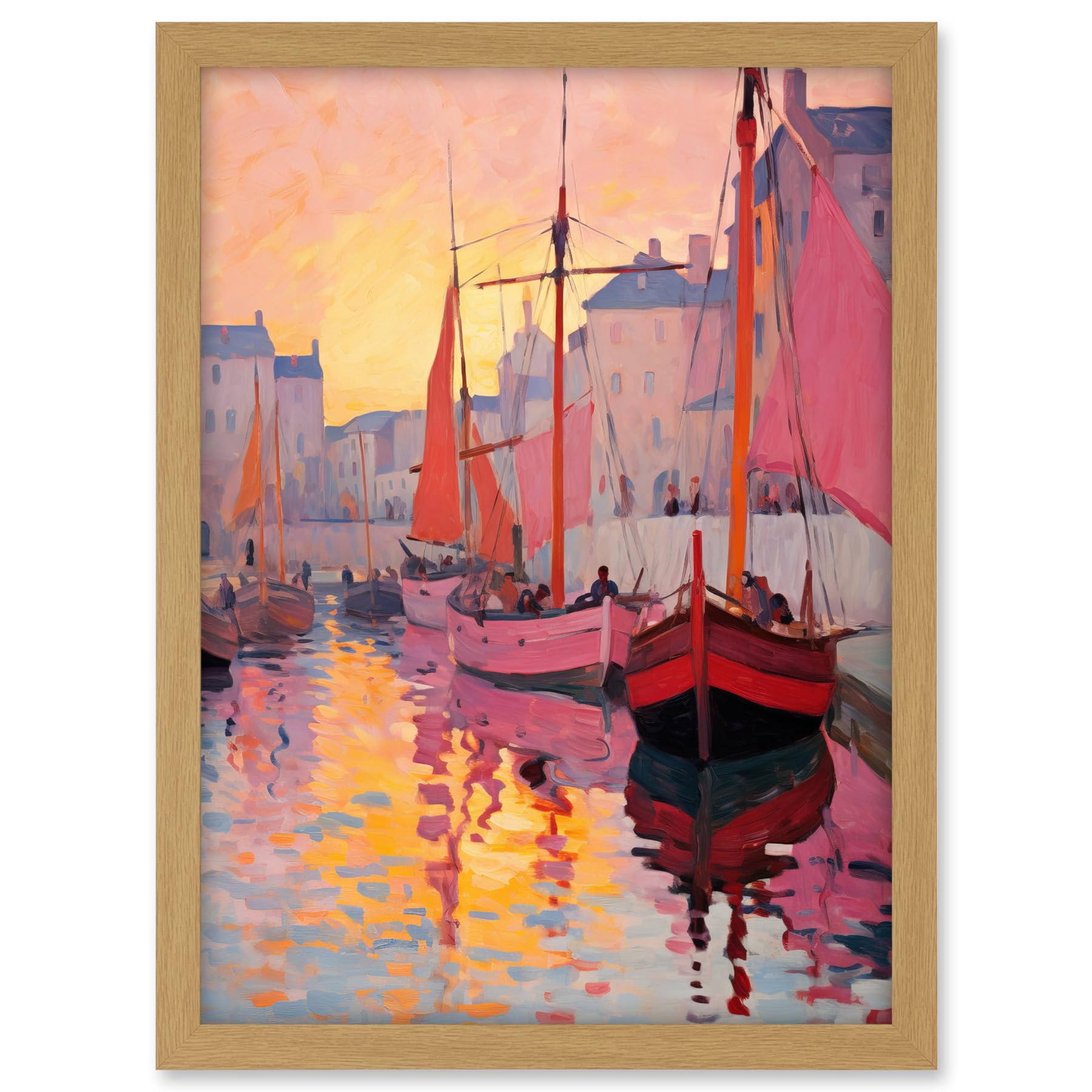Artery8 Sailboats Reflecting in Harbour Water Pink Orange Sunset Oil Painting Anchoring by Promenade Artwork Framed A3 Wall Art Print