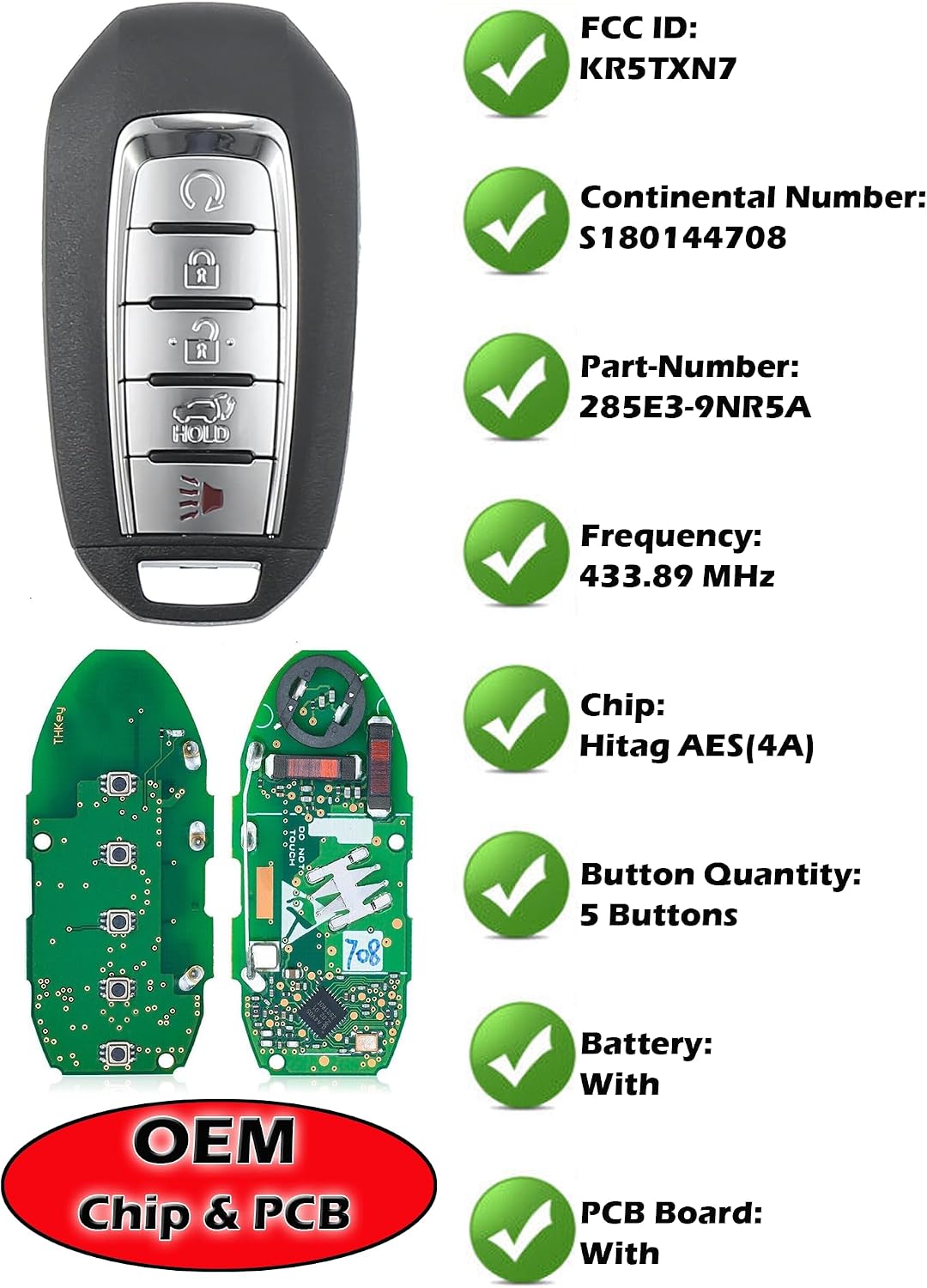 Smart Key for Infiniti QX60 2019-2020, Alliskeys Proximity Keyless Entry Remote Contarol Keyfob Replacement for Infiniti QX60 2019-2020 KR5TXN7 285E3-9NR5A S180144708