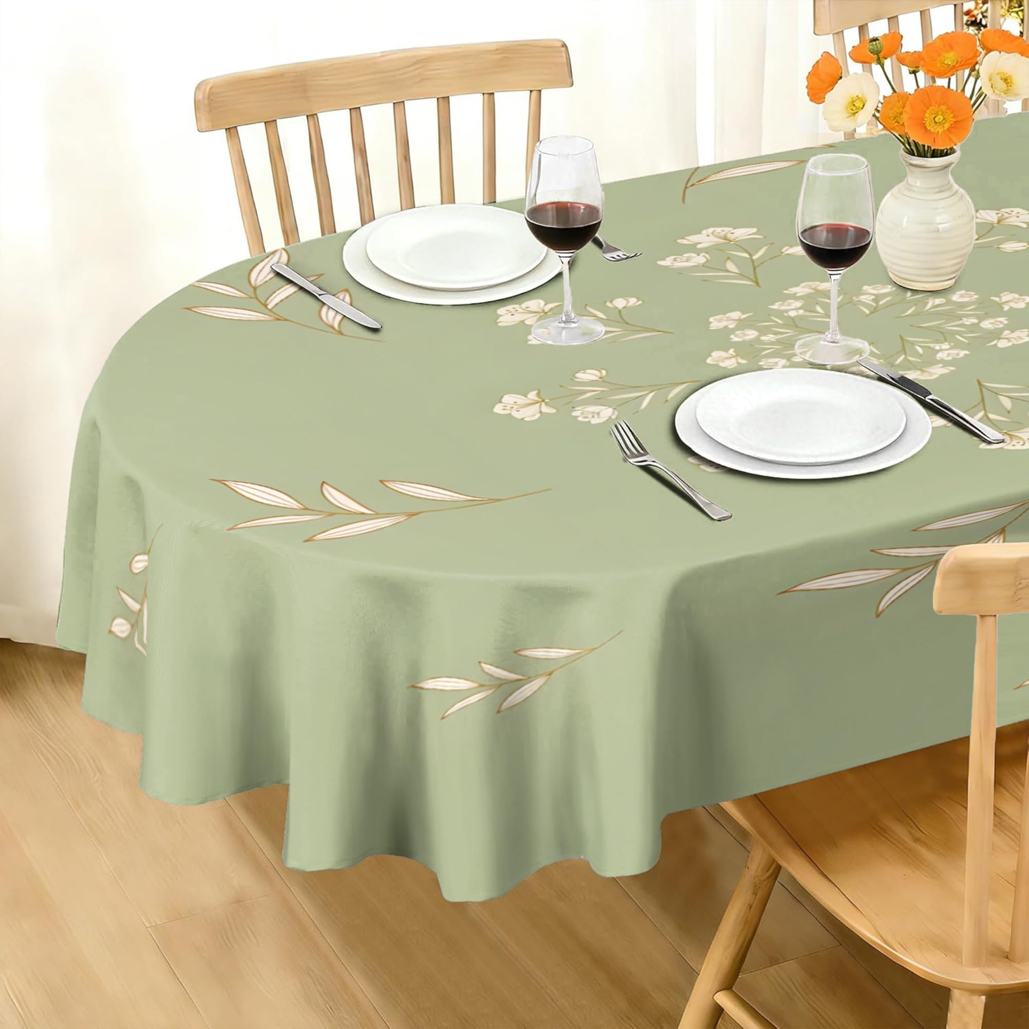 Nappe Ovale 160x200 cm Petites Fleurs, Imperméable et Anti-Tache, Nappe de Table Lavable Mandala Botanique, Linge de Table Décoration pour Cuisine Salle à Manger Jardin Terrasse Balcon E-36