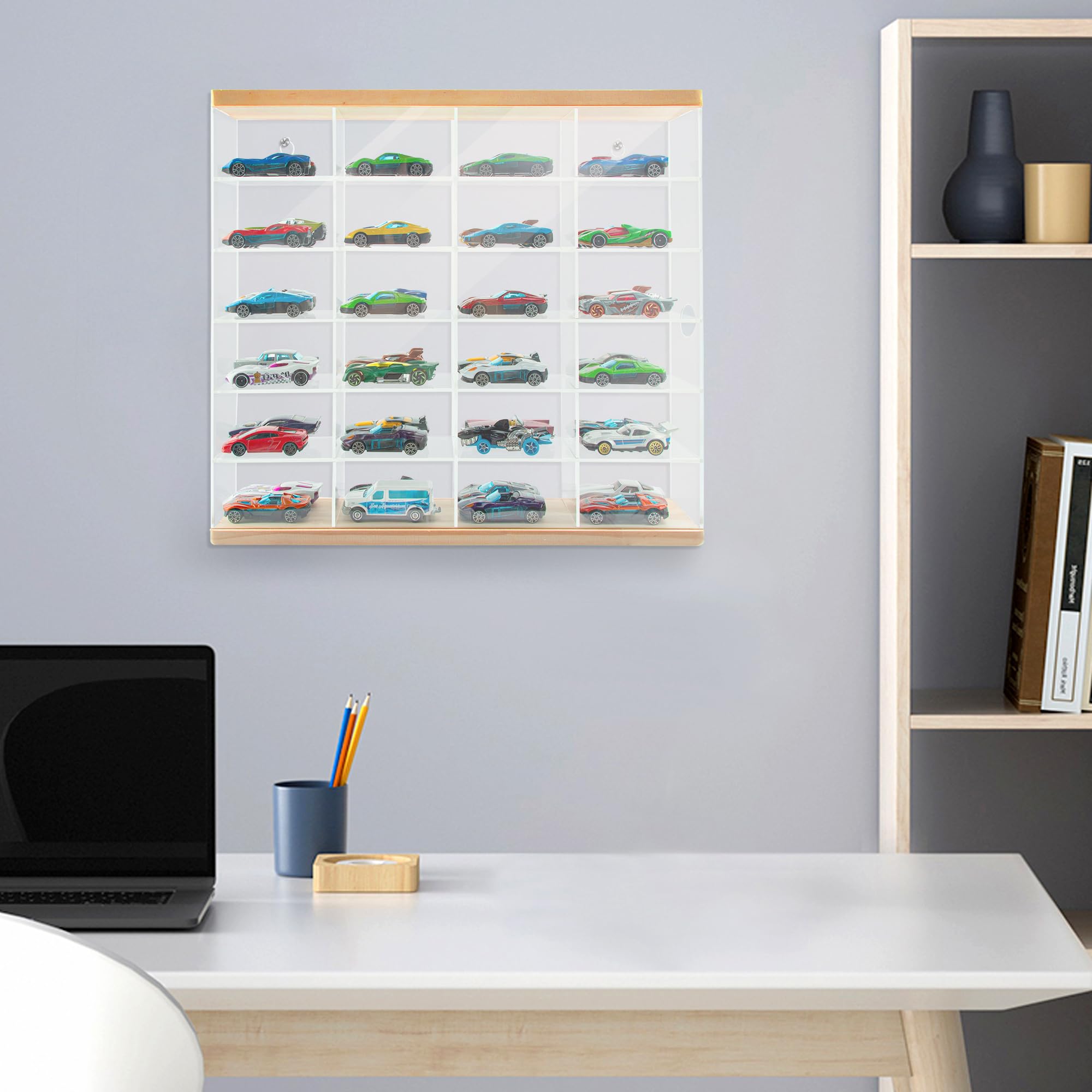 Premium Toy Cars Display Case with Sliding Door, Acrylic and Solid Wood Toy Cars Storage and Organizer – Holds Up to 48 Toy Cars, Easy Assembly Toy Cars Display for Collectors (Transparent)