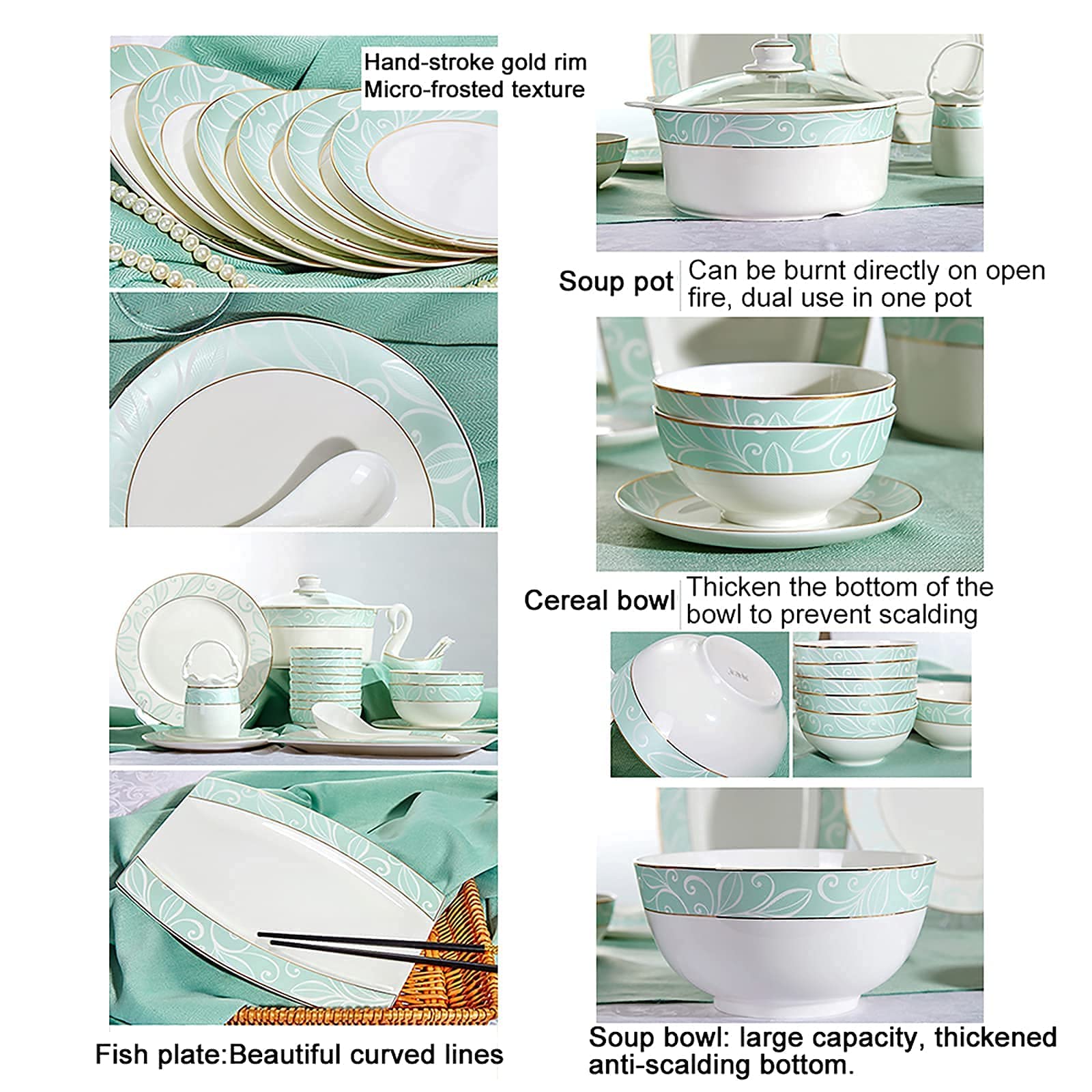 H3TF5J 56-częściowy zestaw zastawy stołowej, zastawa stołowa z porcelaną z węglem kości, zniszczona i trwałe zastawa stołowa, zastawa stołowa dla 12 osób, zastawa stołowa w parametrach domowych