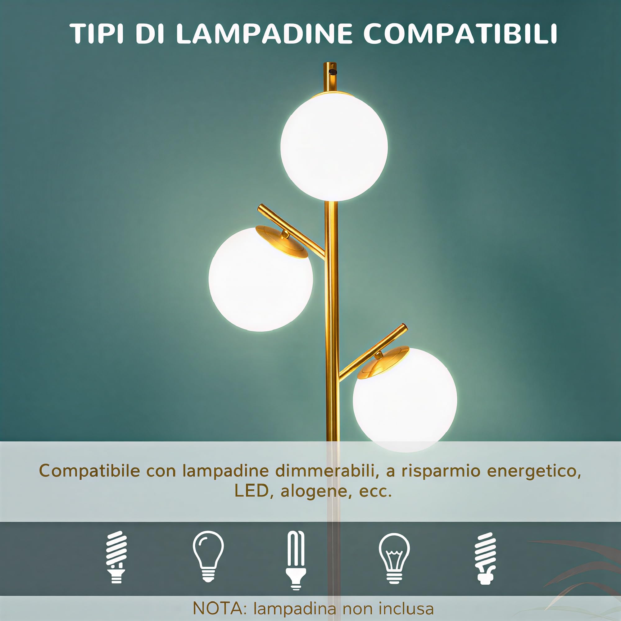HOMCOM Lampada da Terra Moderna con 3 Punti Luce, Lampada a Piantana in Metallo e Vetro, Ø27x169cm, Oro
