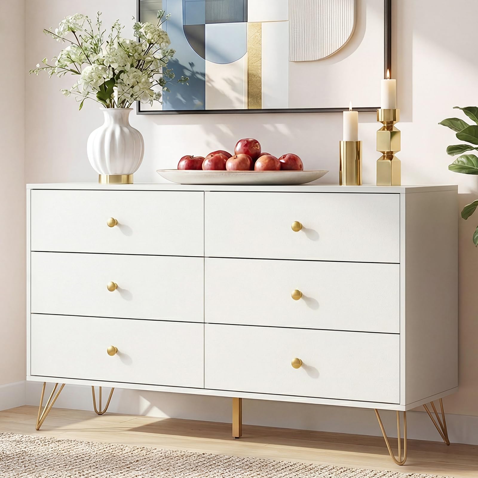 Amazon.com: Tradare White Dresser for Bedroom, 6 Drawer Dresser with Golden  Handles, Large Storage Cabinet, Modern Chest of Drawers Organizer Storage  for Hallyway, Entryway : Home & Kitchen