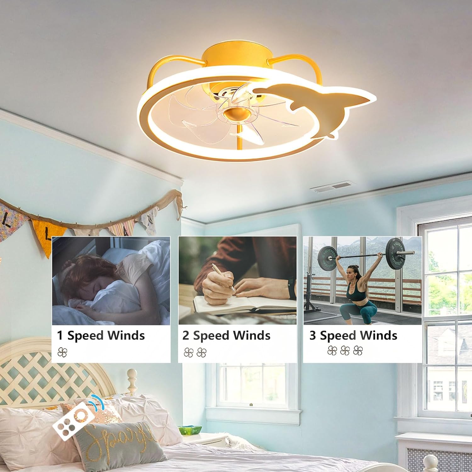 Kids Room 20" Ceiling Fan with LED Light Modern Remote Ceiling Fans with Lights 3 Speed Quiet Ceiling Fans for Girl Boy Bedroom Children's Room 124W LED Ceiling Fan Lighting