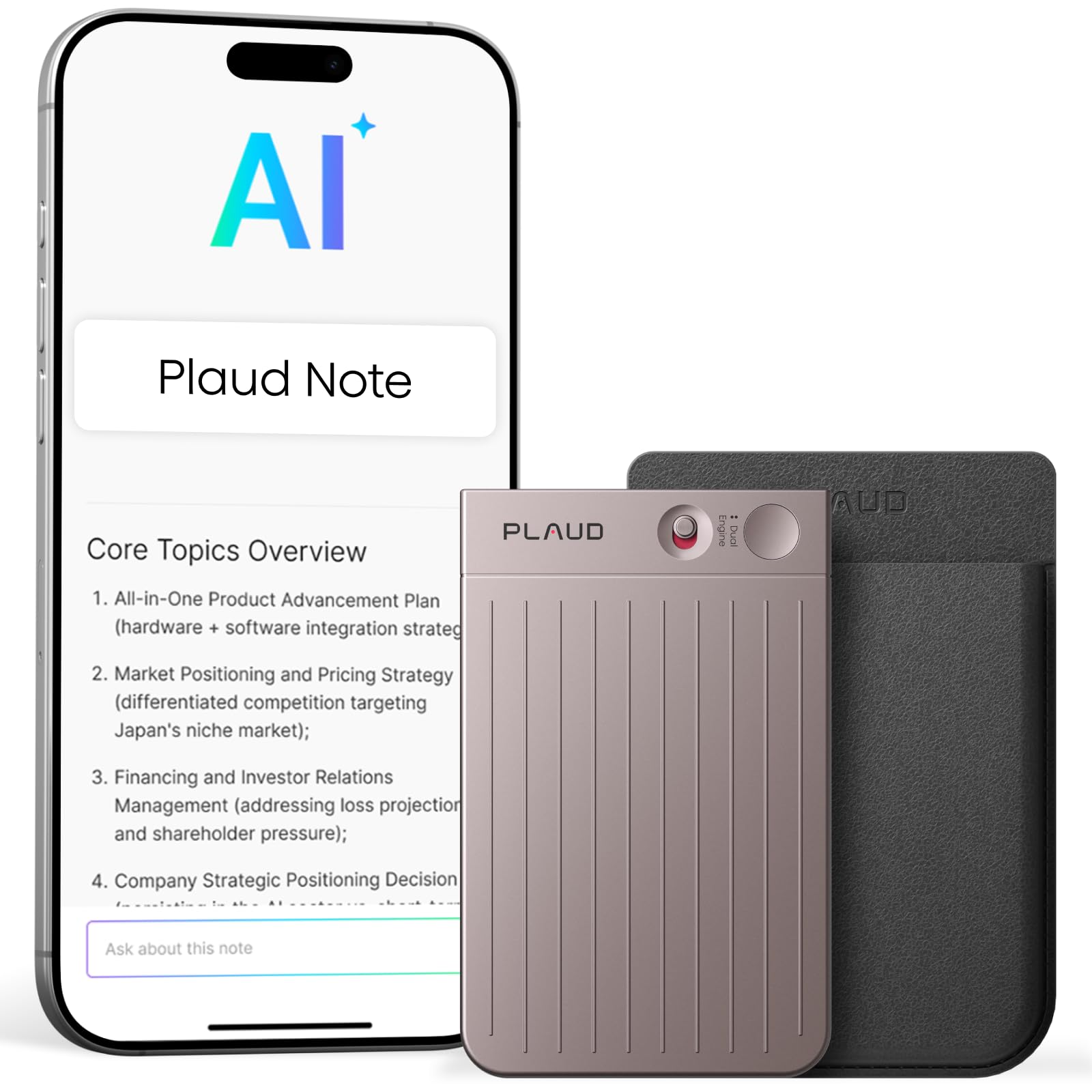 Note AI Voice Recorder Device/Dictaphone w/Case App Control AI Transcribe & Summarize Support 112 Languages 64GB Digital Audio Recorder for Lectures Meetings Calls