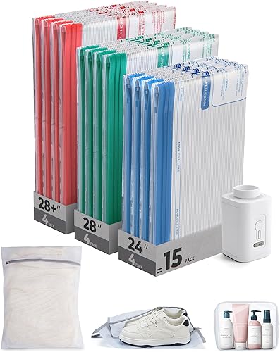 BAGSMART Bolsas de almacenamiento al vacío para viajes con bomba de aire recargable, paquete de 15 bolsas portátiles ahorradoras de espacio para