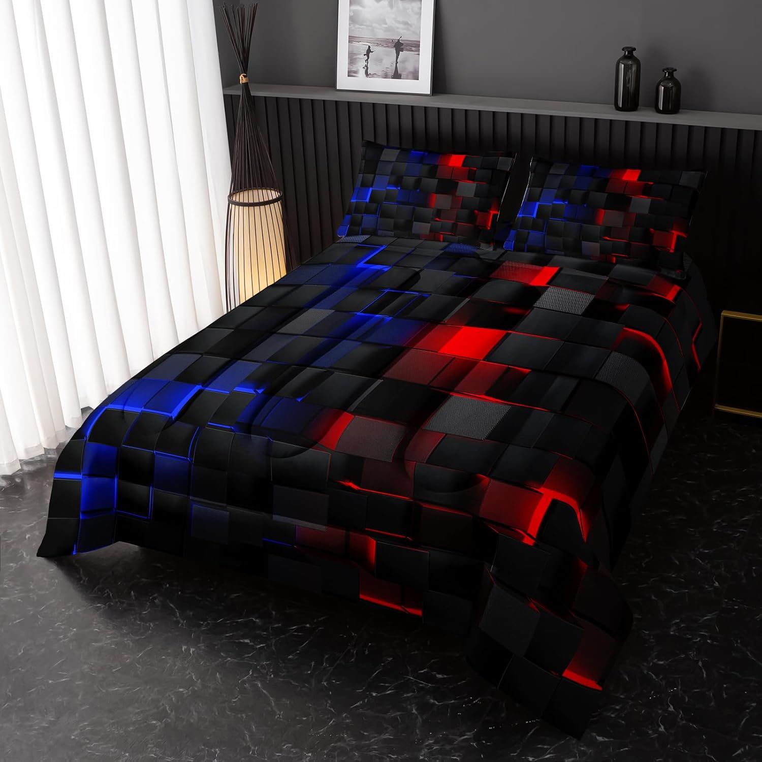 Neon Red and Blue Comforter Set Twin Geometric Kids Bedding Set,3 PCS Geometry Honeycomb Bed Set Modern Quilt Set 1 Comforter 2 Pillow Cases Cool Room Decor All Season B-Side Black - Image 2