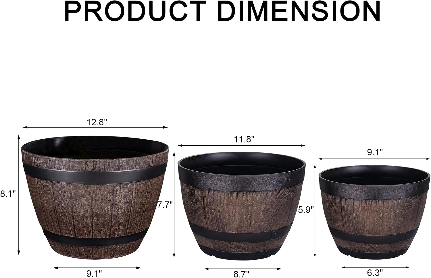 VECELO Plant Pots with Drainage Holes & Saucer, 9/11.3/13 Inch Flower Pots with Tray, 3 Pack Plastic Whiskey Barrel Planters for Indoor & Outdoor Garden Home Plants and Flowers