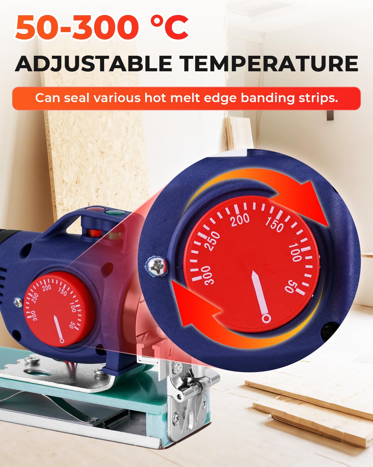 YUCHENGTECH Encoladora de Cantos Manual Portátil Encoladora de Cantos Termofusible 50-300℃ Temperatura Ajustable para 0-60 mm Cinta Tapacantos Adhesiva Termofusible