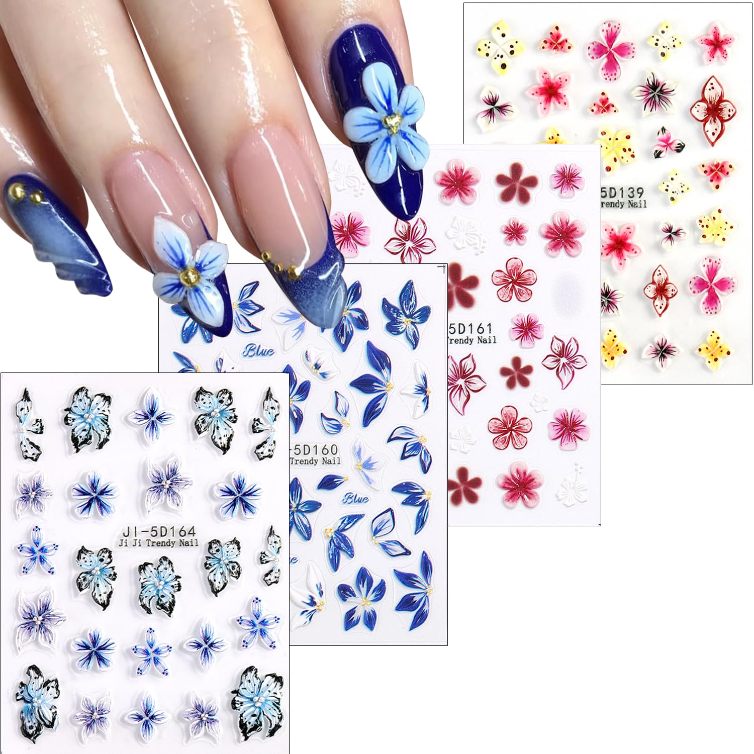 Furtherpretty Flower Nail Stickers for Nail Art, Blue Lily Hibiscus Petal Nail Decals Red Cherry Blossom Hawaiian Flower Sliders Spring Summer Floral 5D Embossed Nail Stickers for Women (4pcs)