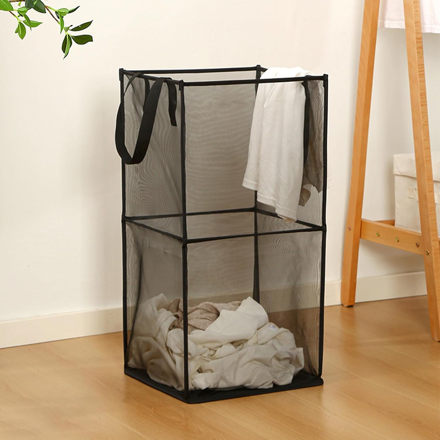 Foldable Laundry Hamper Bag with Handles, Collapsible Black Laundry Basket for Clothes Storage Dorm Travel