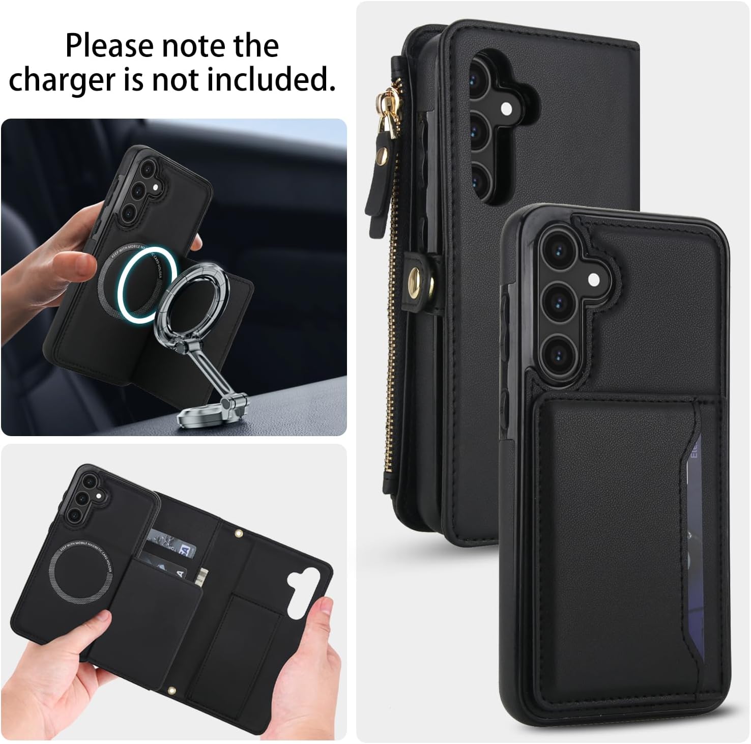 Asuwish Phone Case for Samsung Galaxy S23 FE 5G Wallet Cover Compatible with Magsafe RFID Screen Protector Crossbody Lanyard Strap Flip Card Holder Slot Zipper Cell Purse S 23 EF S23FE 23S Black