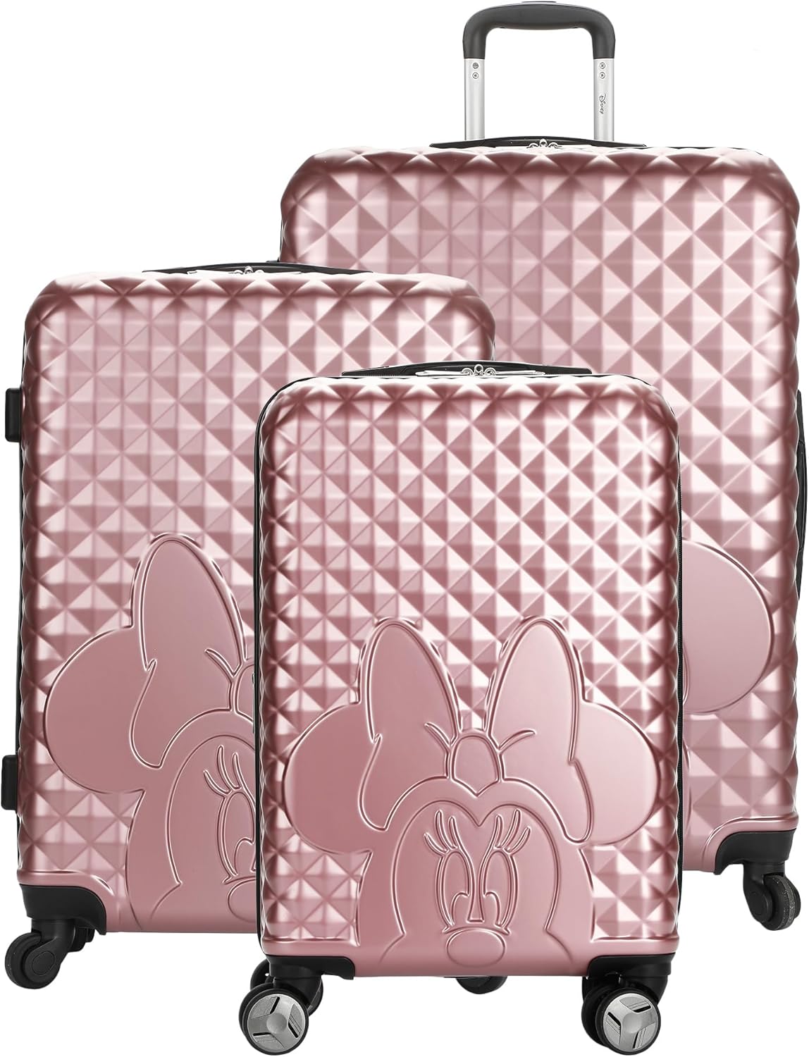 Disney Minnie Mouse 3-Piece Rolling Luggage Set, Pink Peek-a-Boo Molded Hardshell Suitcases (20" 24" 28"), Luggage with Wheels, Retractable Trolley Handle, Zippered Divider & Cross Straps, Officially