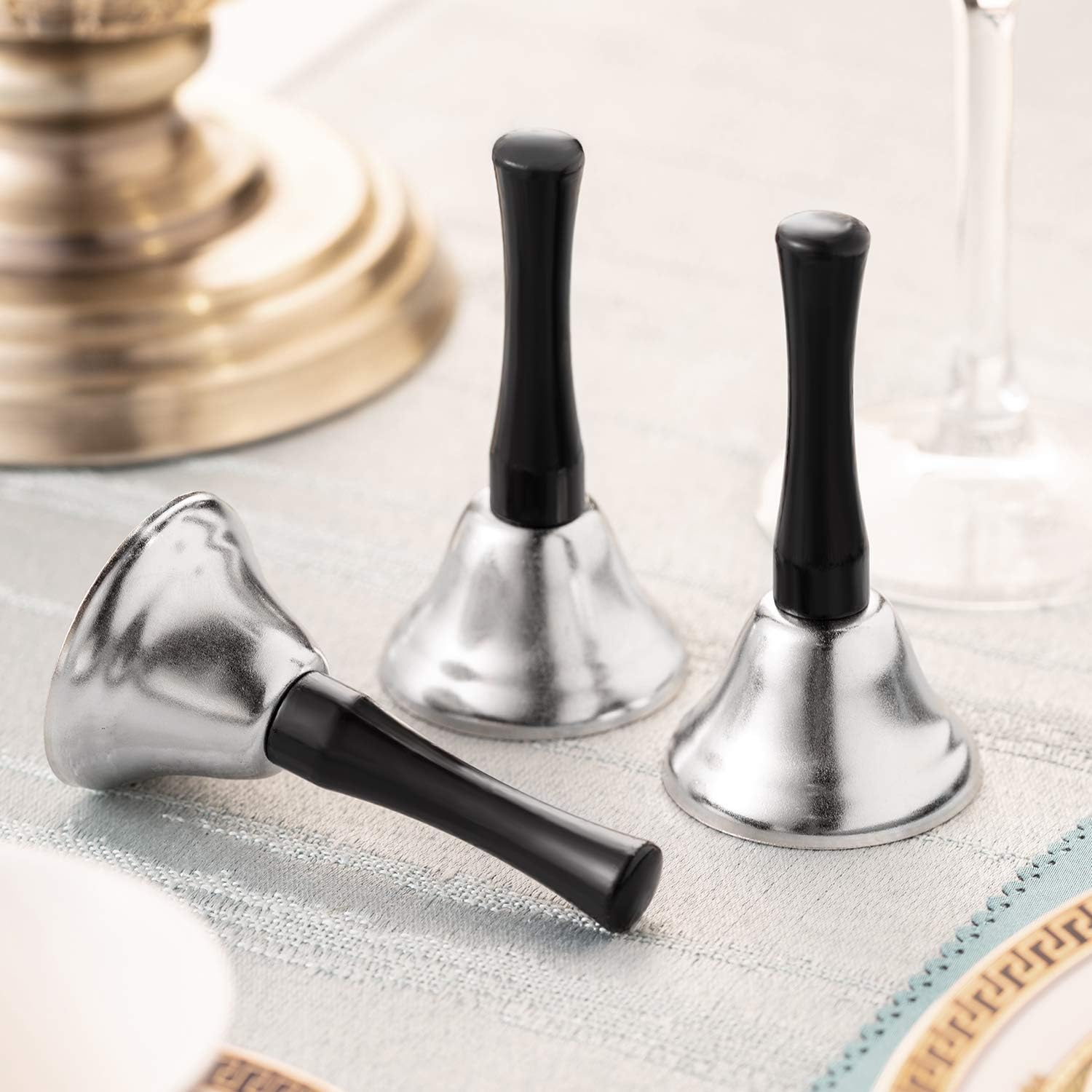 12 Pieces Metal Hand Bells Call Bell Service Hand Bells Black Wooden Handle Handbells Metal Handbells Musical Percussion for Schools (Silver) : Musical Instruments