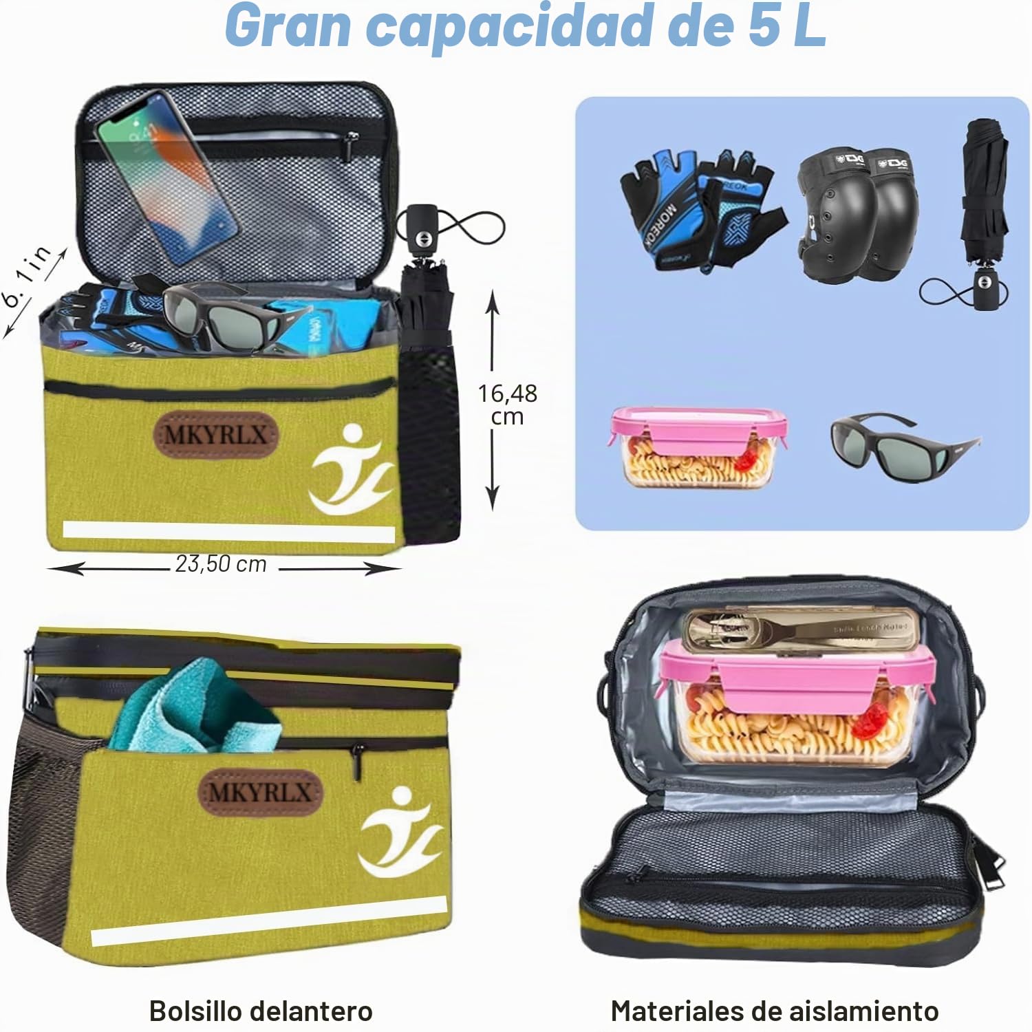 Bolsa térmica para manillar de bicicleta, 5 litros, almuerzo, resistente al agua, soporte para teléfono