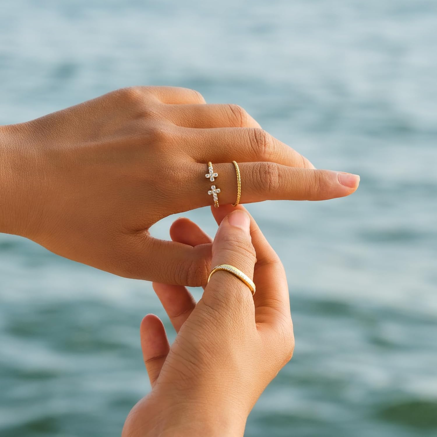 STORYJEWELLERY Chunky Rings for Women, Curved Wedding Bands for Women, Gold Plated Stackable Rings, Thumb Ring, Wave Ring, Gifts for Her - Image 4