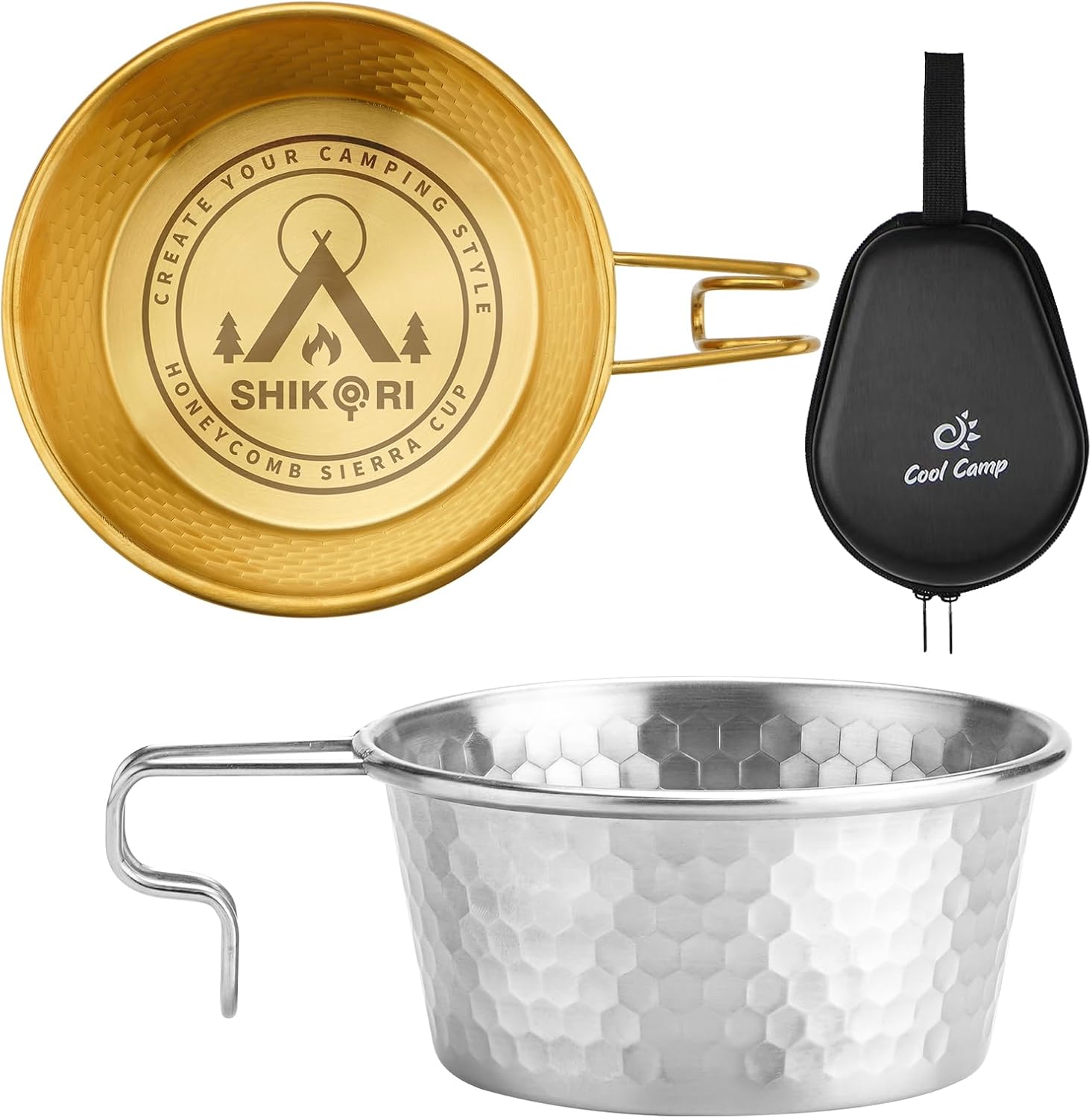 Camping Sierra Cup Set fo 4, 304 Stainless Steel Stackable Portable 450ML Sierra Bowl Cup for Camping and Hiking With Free Travel Bag (Gold & Silver-4 Pcs)